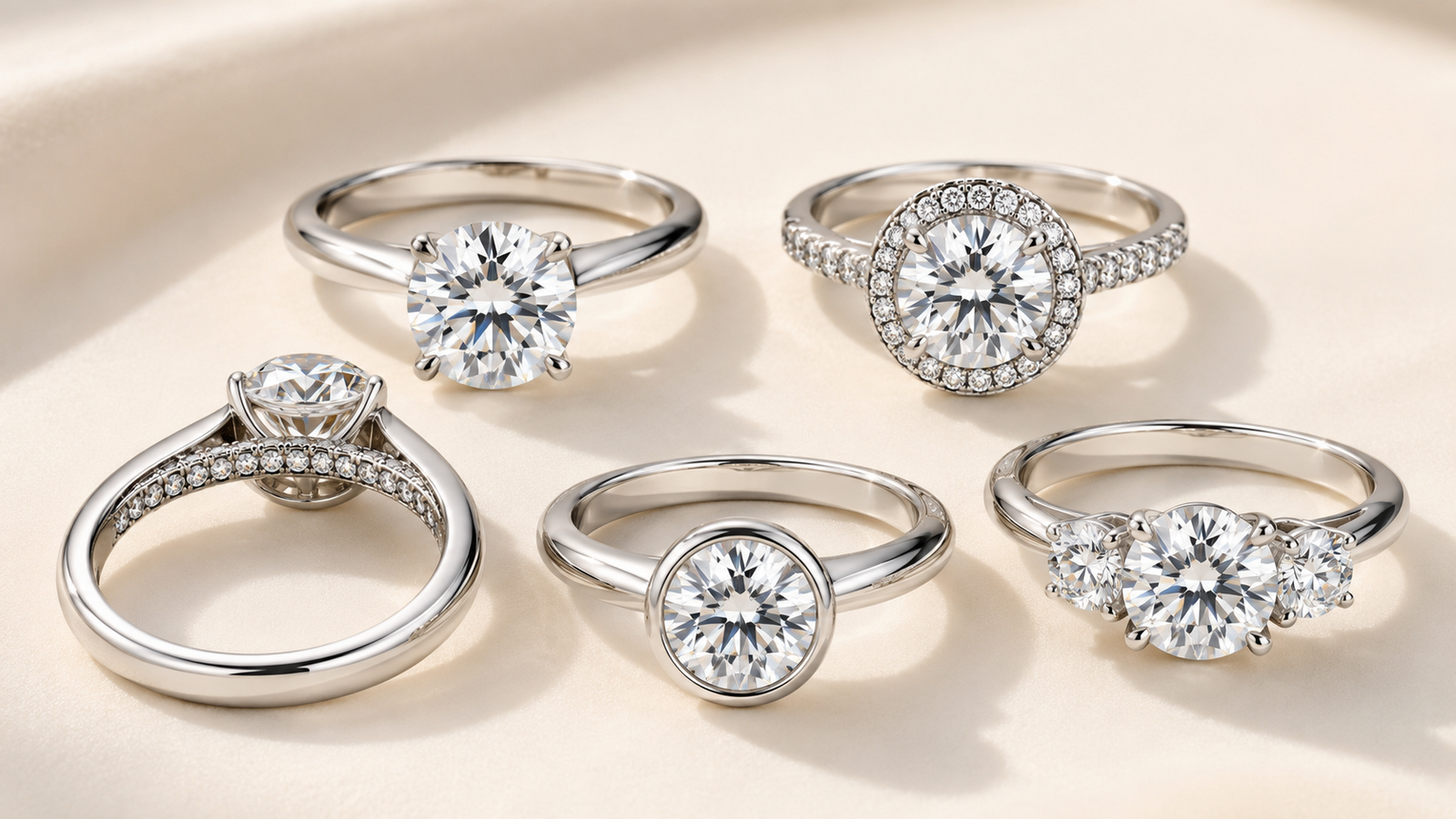 Five moissanite ring settings including solitaire, halo, hidden halo, bezel and three-stone