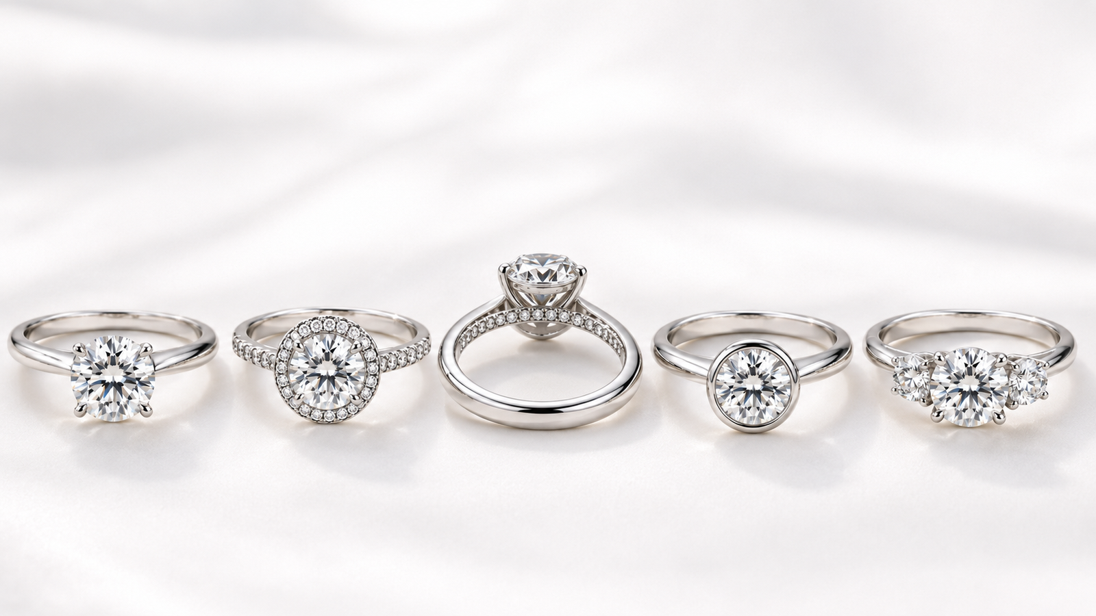 Side-by-side comparison of five popular moissanite engagement ring settings
