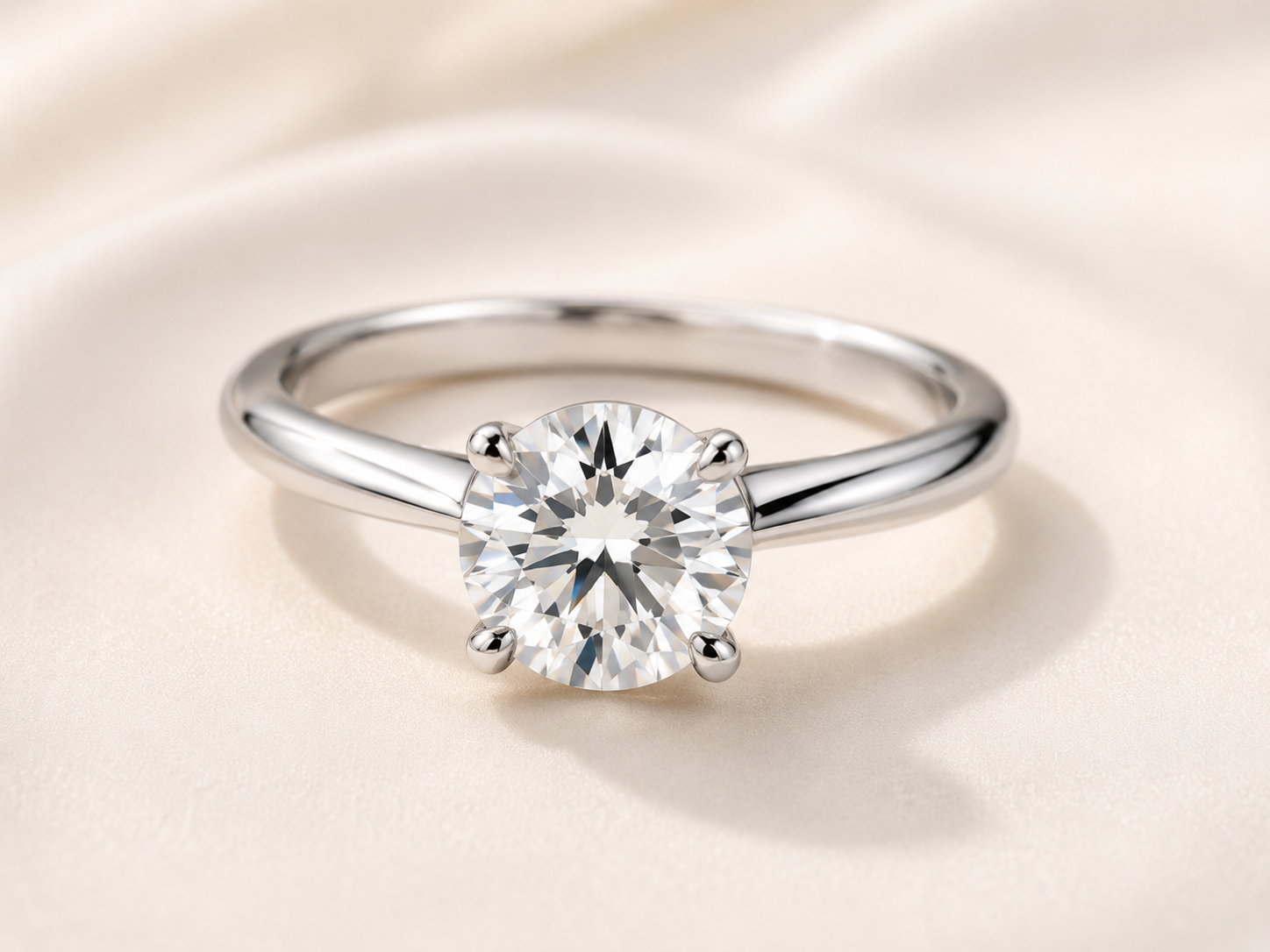 Round moissanite solitaire ring with a four-prong setting and polished silver band