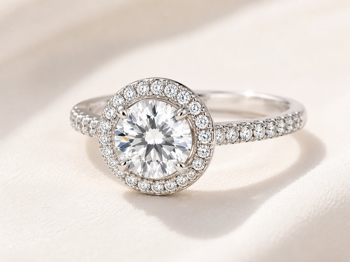Round moissanite halo engagement ring with pavé stones around the center and along the band