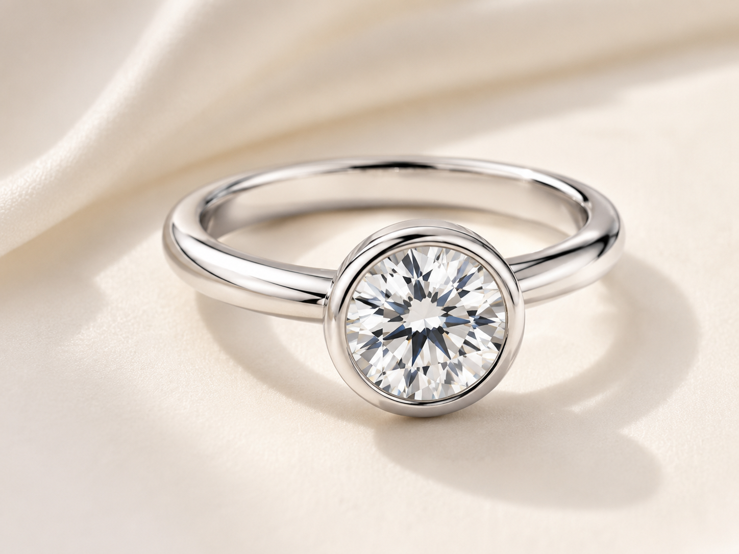 Round bezel-set moissanite ring with a smooth polished silver frame