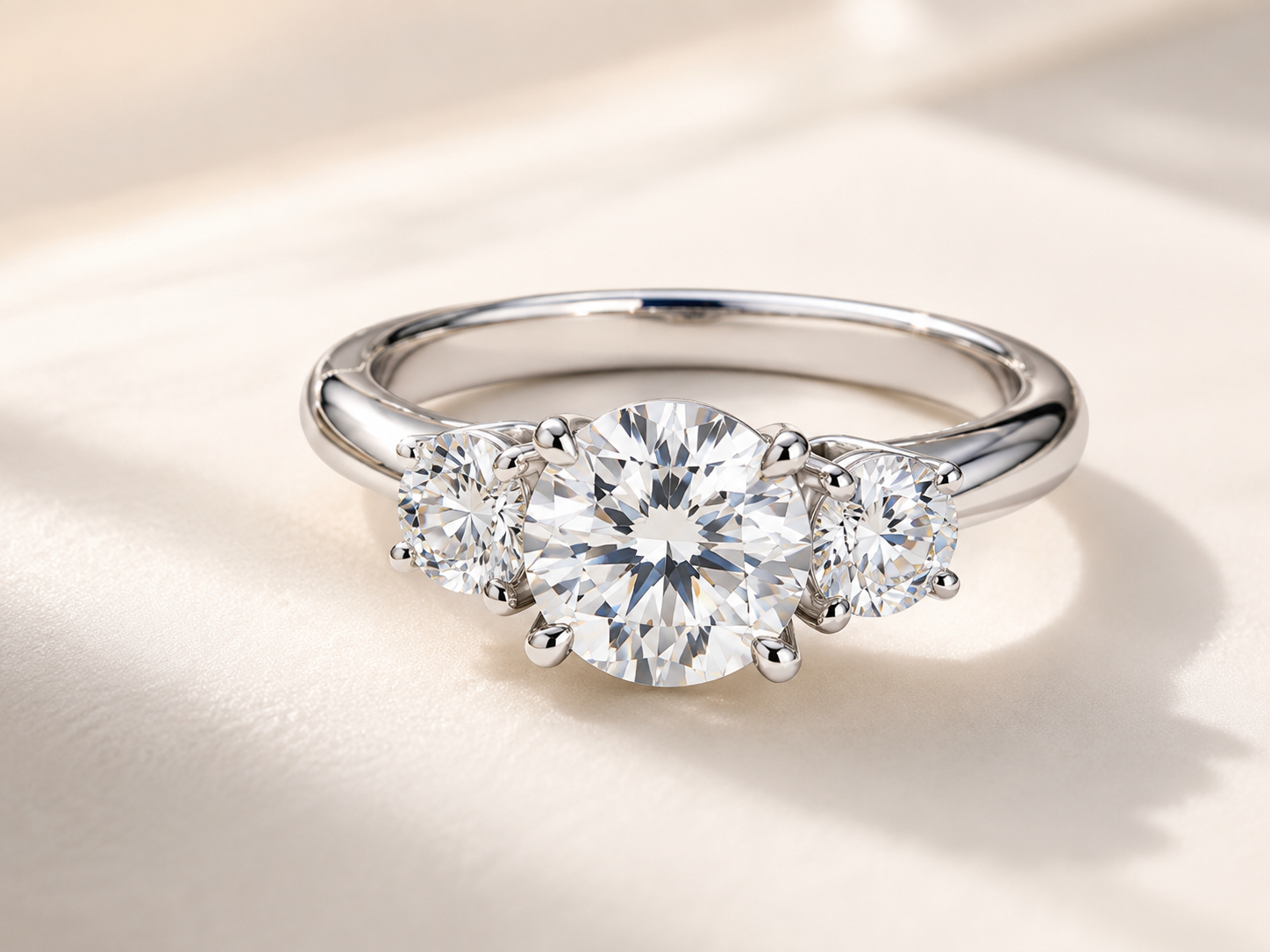 Three-stone moissanite ring with a round center stone and two smaller side stones