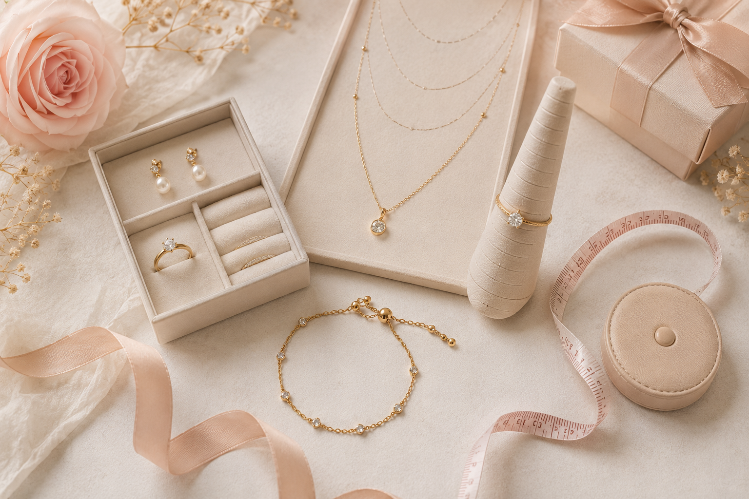 Jewelry sizing guide with ring sizer measuring tape necklace earrings and bracelet