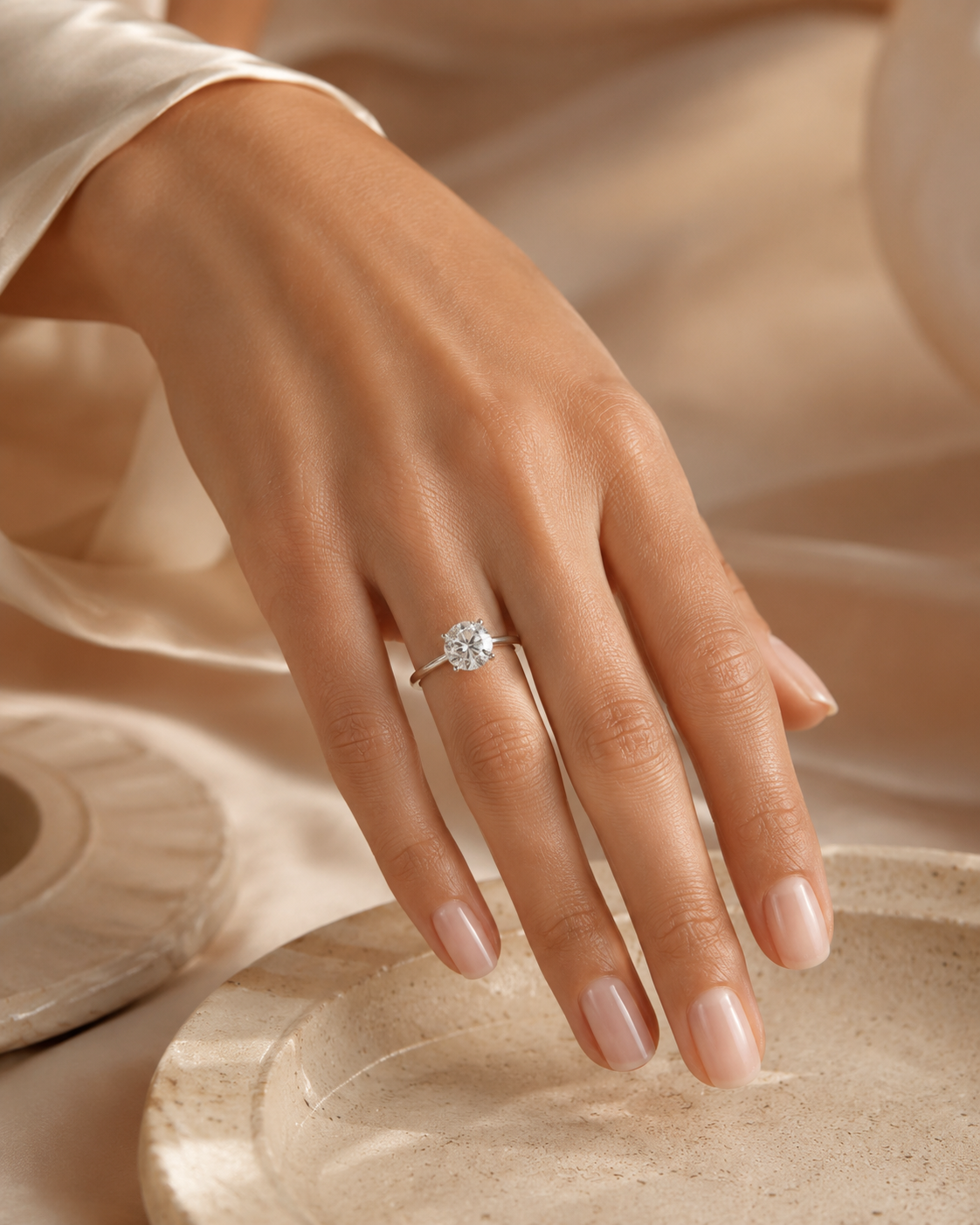 Round moissanite solitaire ring worn on a slender finger