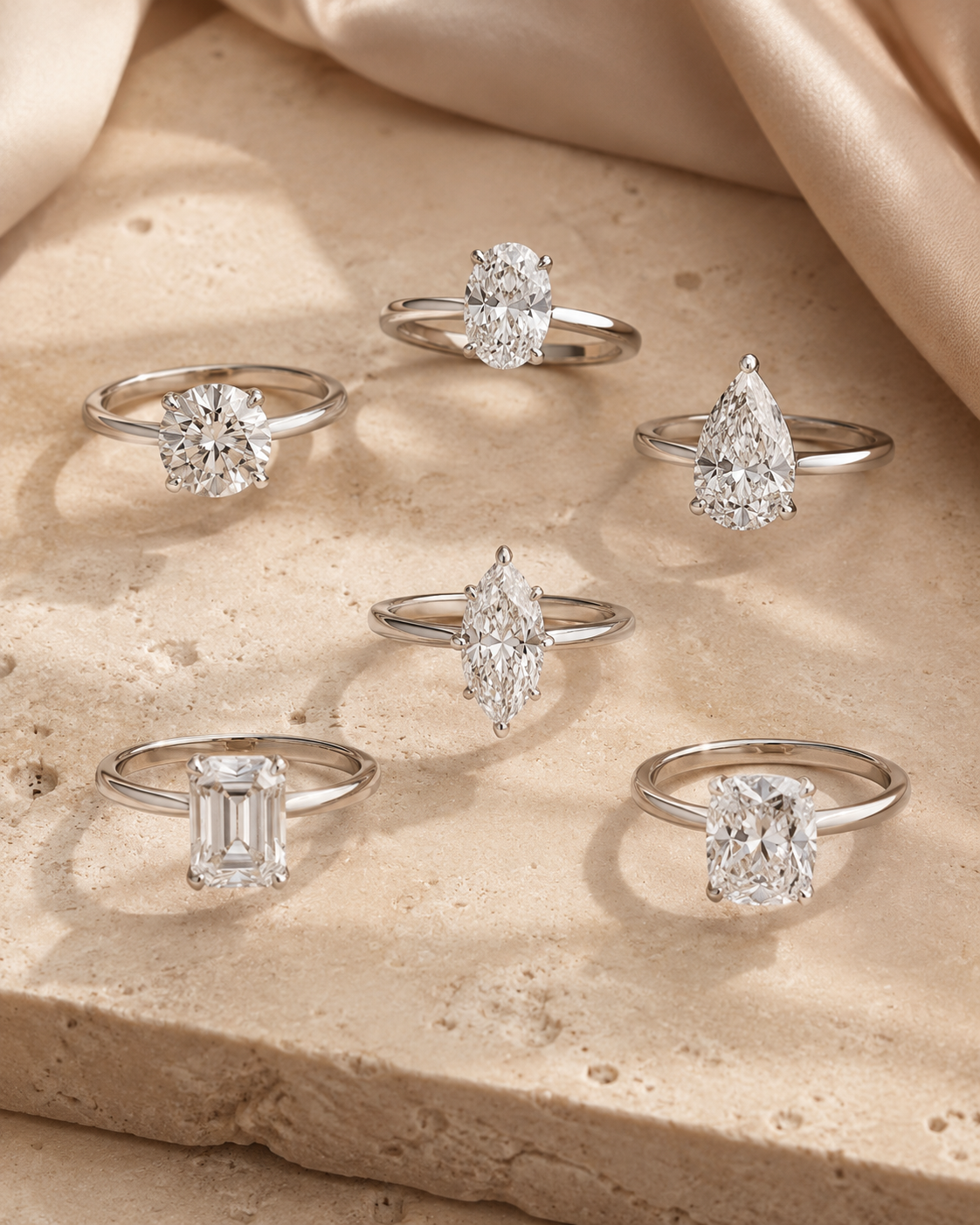 Round oval pear marquise emerald and cushion moissanite rings compared