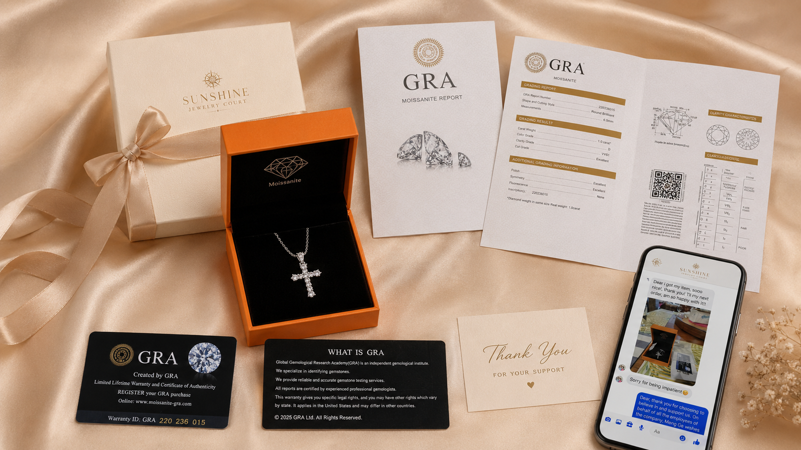 Luxury Sunshine Jewelry packaging with certificate and customer review