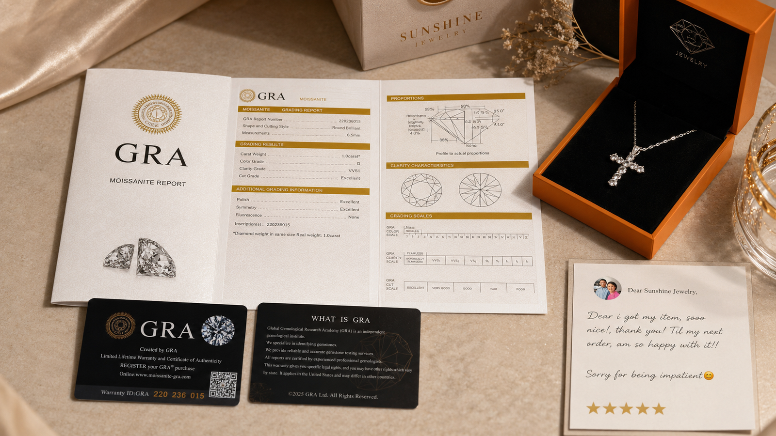 What comes with your Sunshine Jewelry order including gift box, certificate and report
