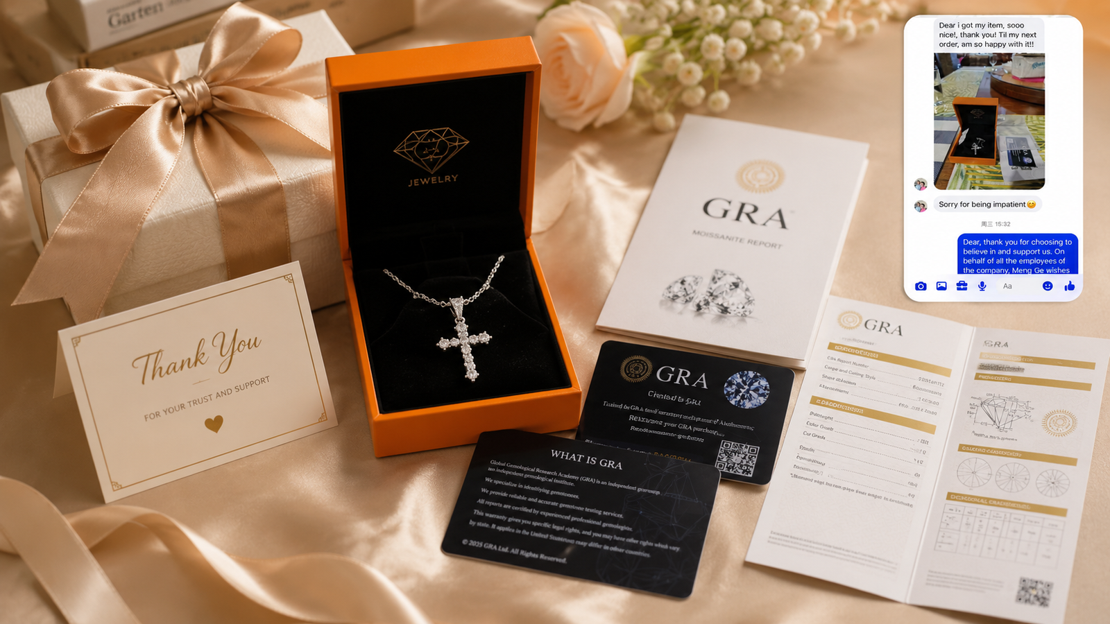 Sunshine Jewelry gift box with GRA certificate and moissanite grading report