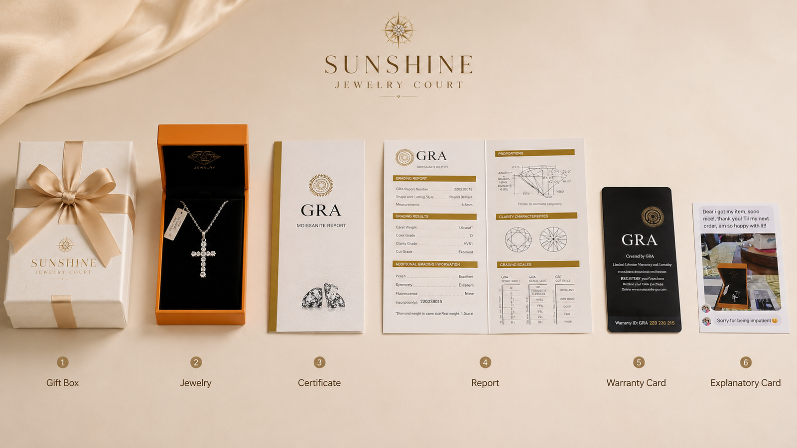 Sunshine Jewelry order packaging certificate warranty card and customer feedback