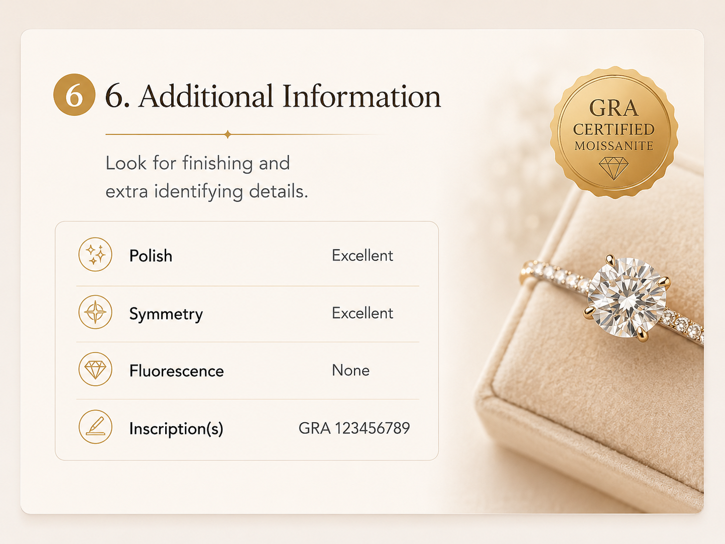 Additional moissanite certificate information polish symmetry fluorescence inscription