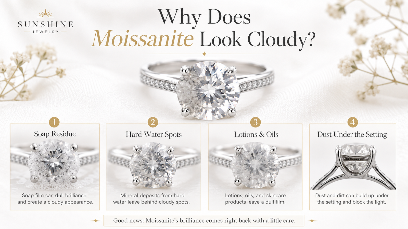 Four common reasons moissanite looks cloudy including soap residue hard water spots lotions oils and dust under the setting