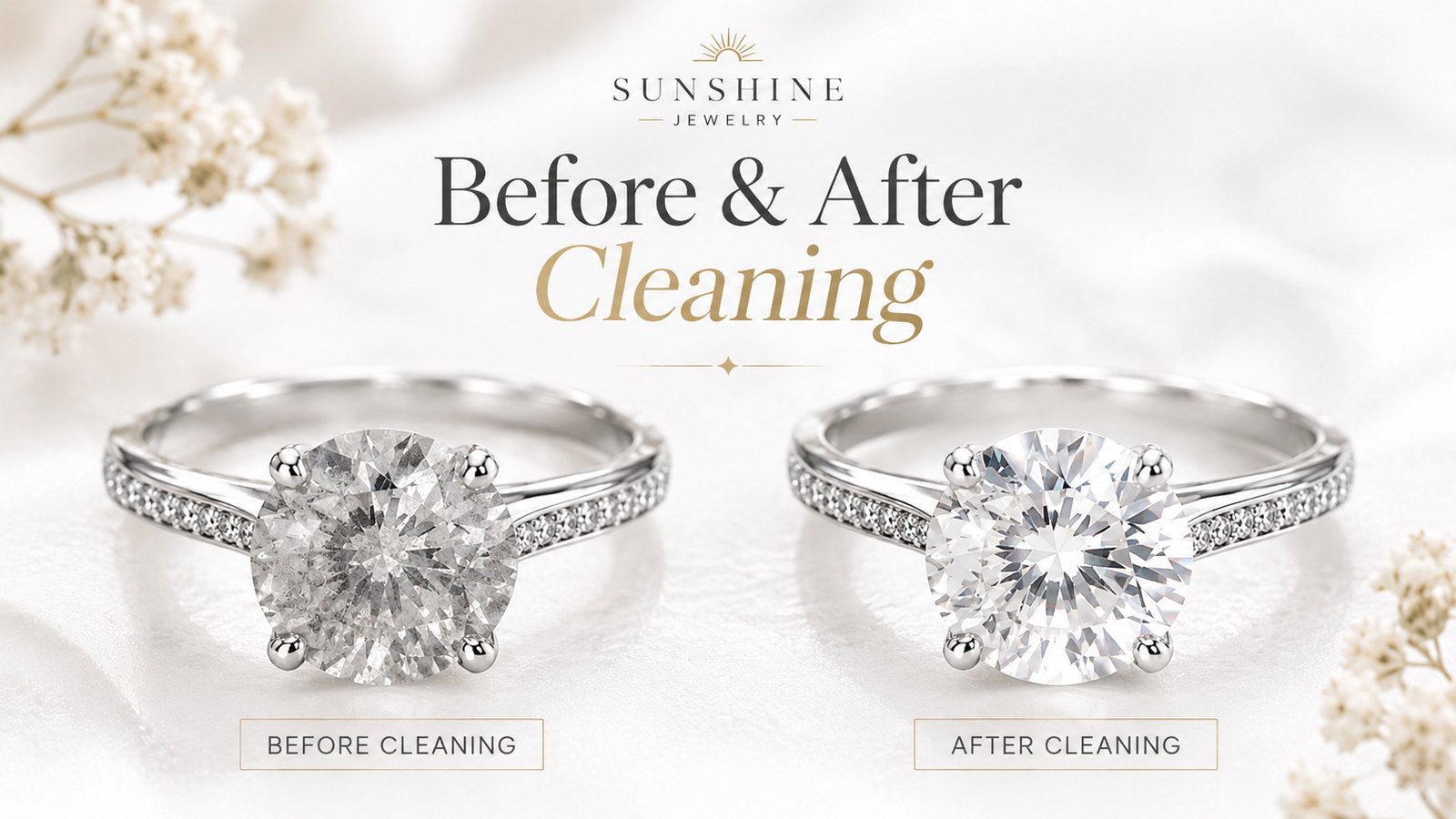 Cloudy-looking moissanite ring before cleaning compared with a bright sparkling moissanite ring after cleaning