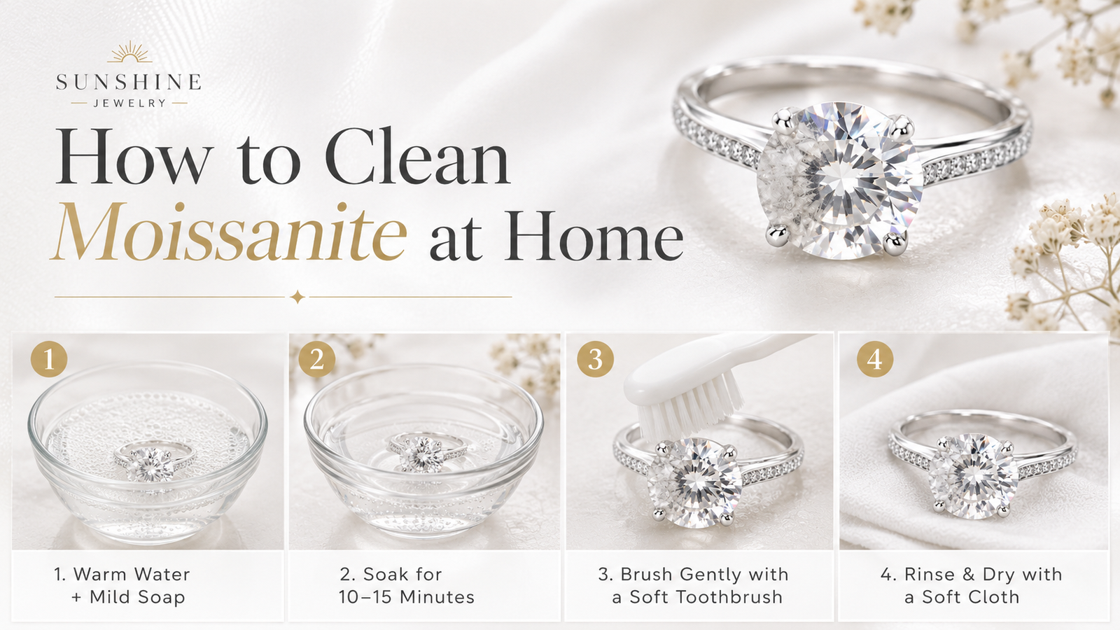 Four steps for cleaning a moissanite ring at home using warm water mild soap a soft toothbrush and a soft cloth