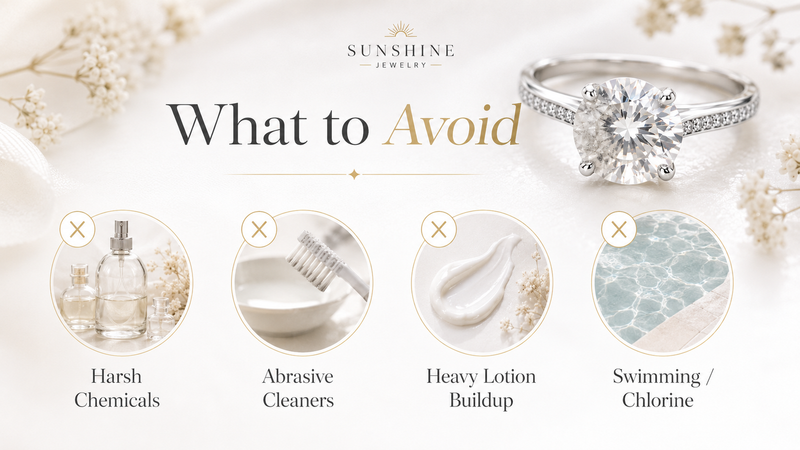 Moissanite care mistakes to avoid including harsh chemicals abrasive cleaners lotion buildup and swimming in chlorine