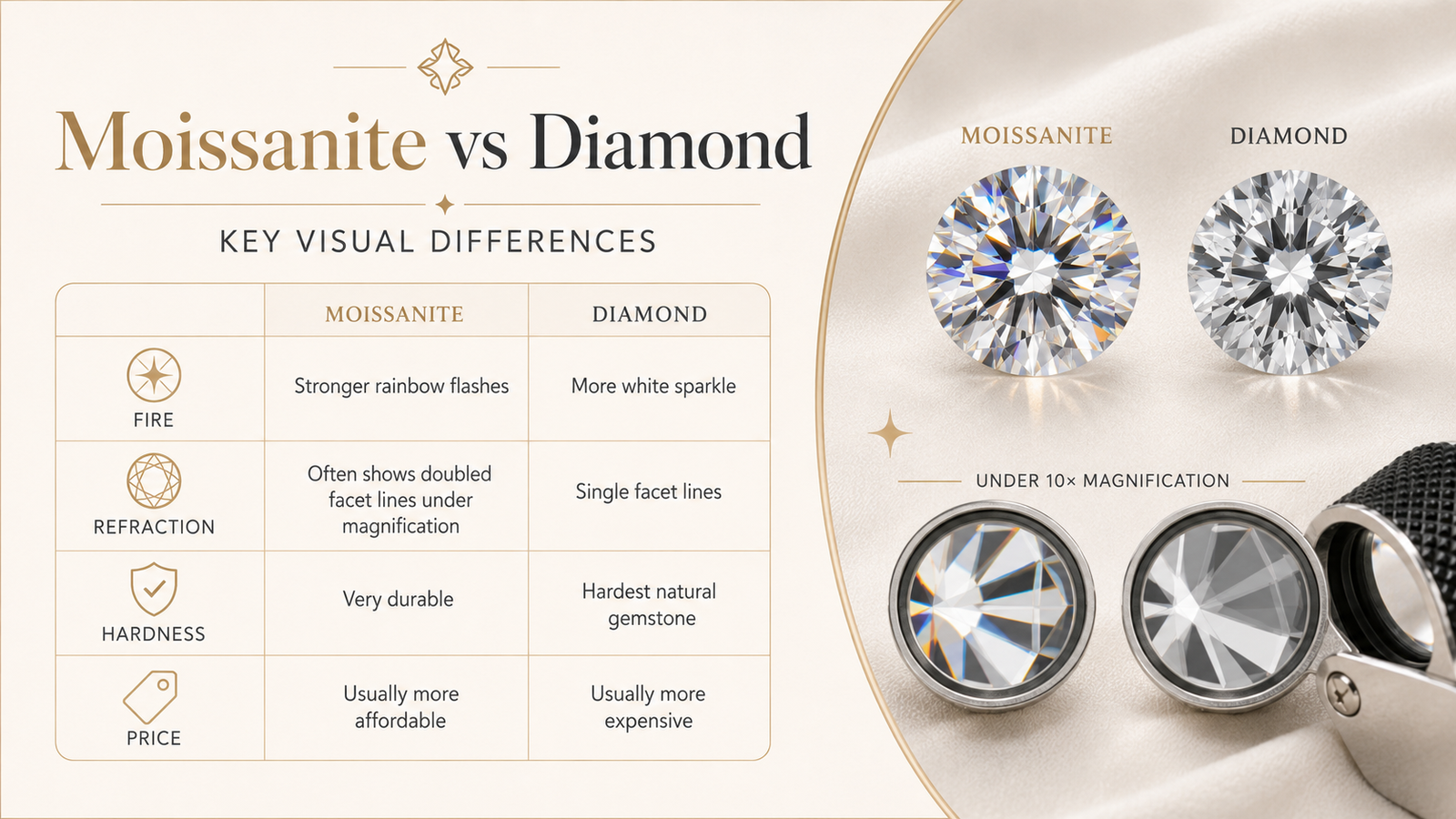 Moissanite versus diamond comparison showing fire refraction hardness price and magnified facet differences