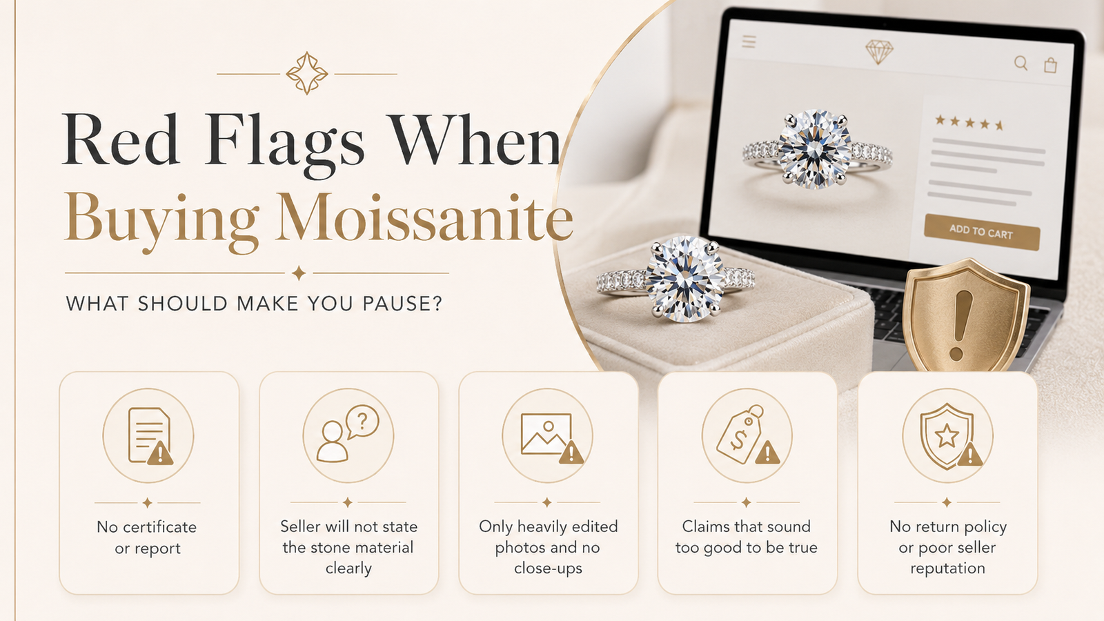 Red flags when buying moissanite including missing certificates unclear material information edited photos unrealistic claims and no return policy