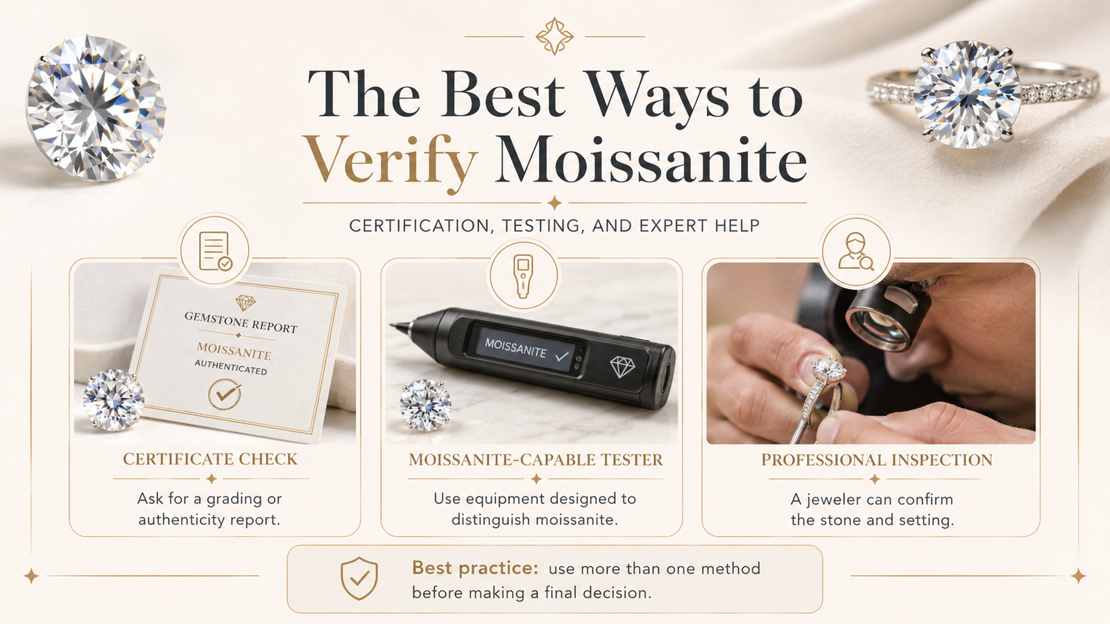 Best ways to verify moissanite using a certificate moissanite capable tester and professional gemologist inspection
