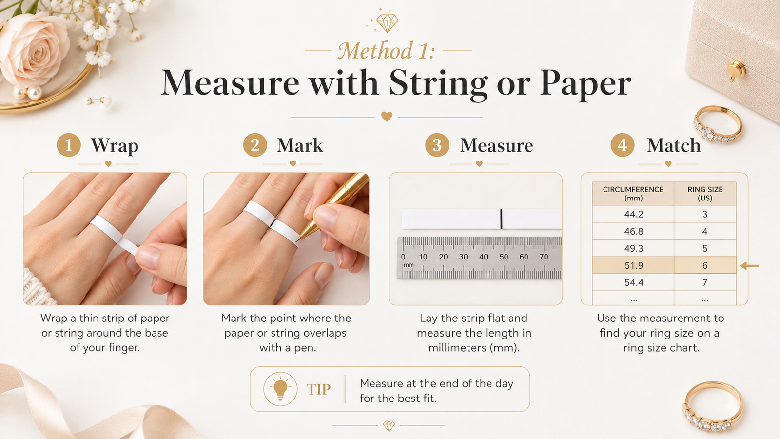 Four steps for measuring ring size with paper by wrapping marking measuring and matching the circumference