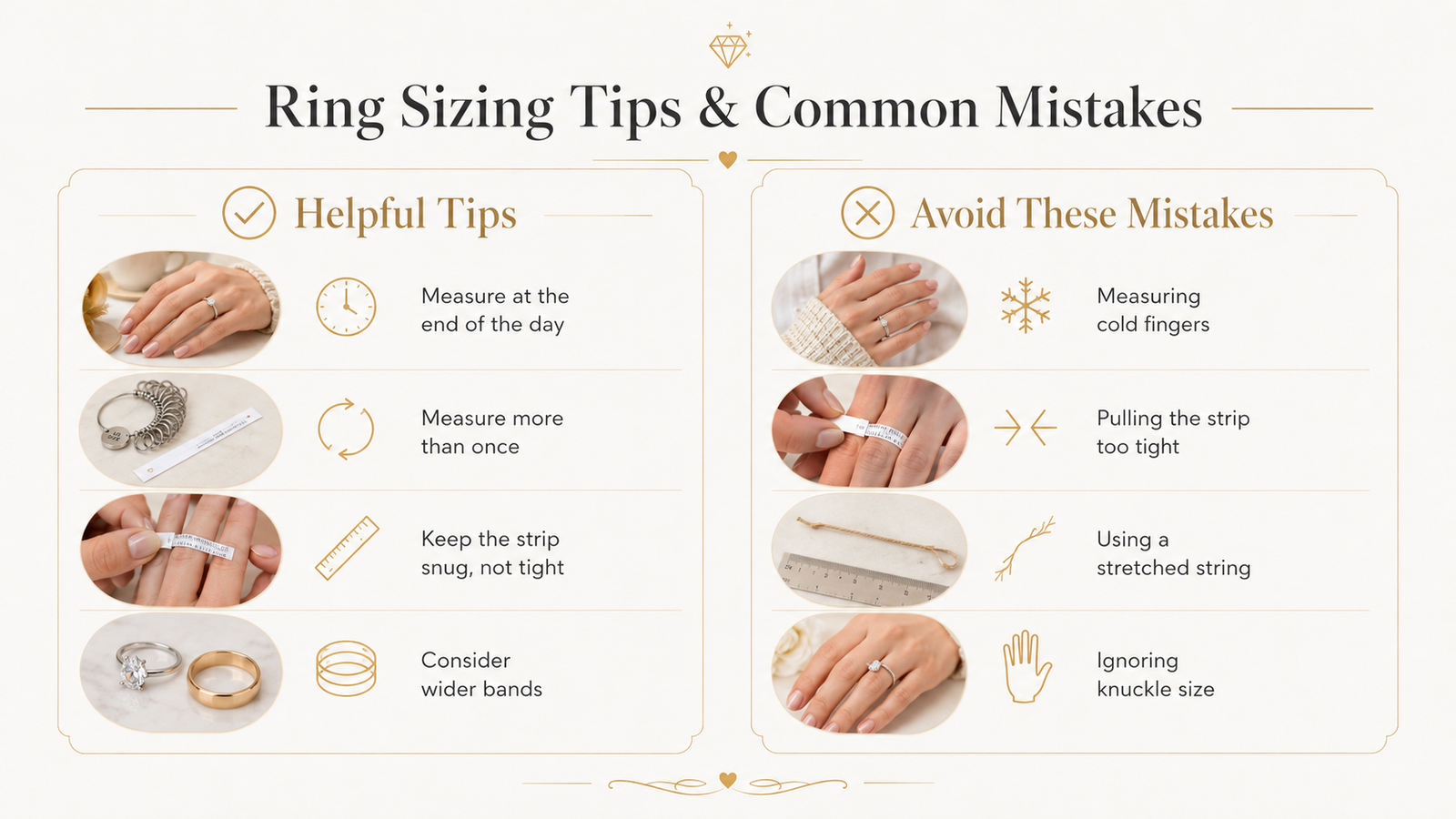 Helpful ring sizing tips and common mistakes including temperature tight measuring stretched string and knuckle size