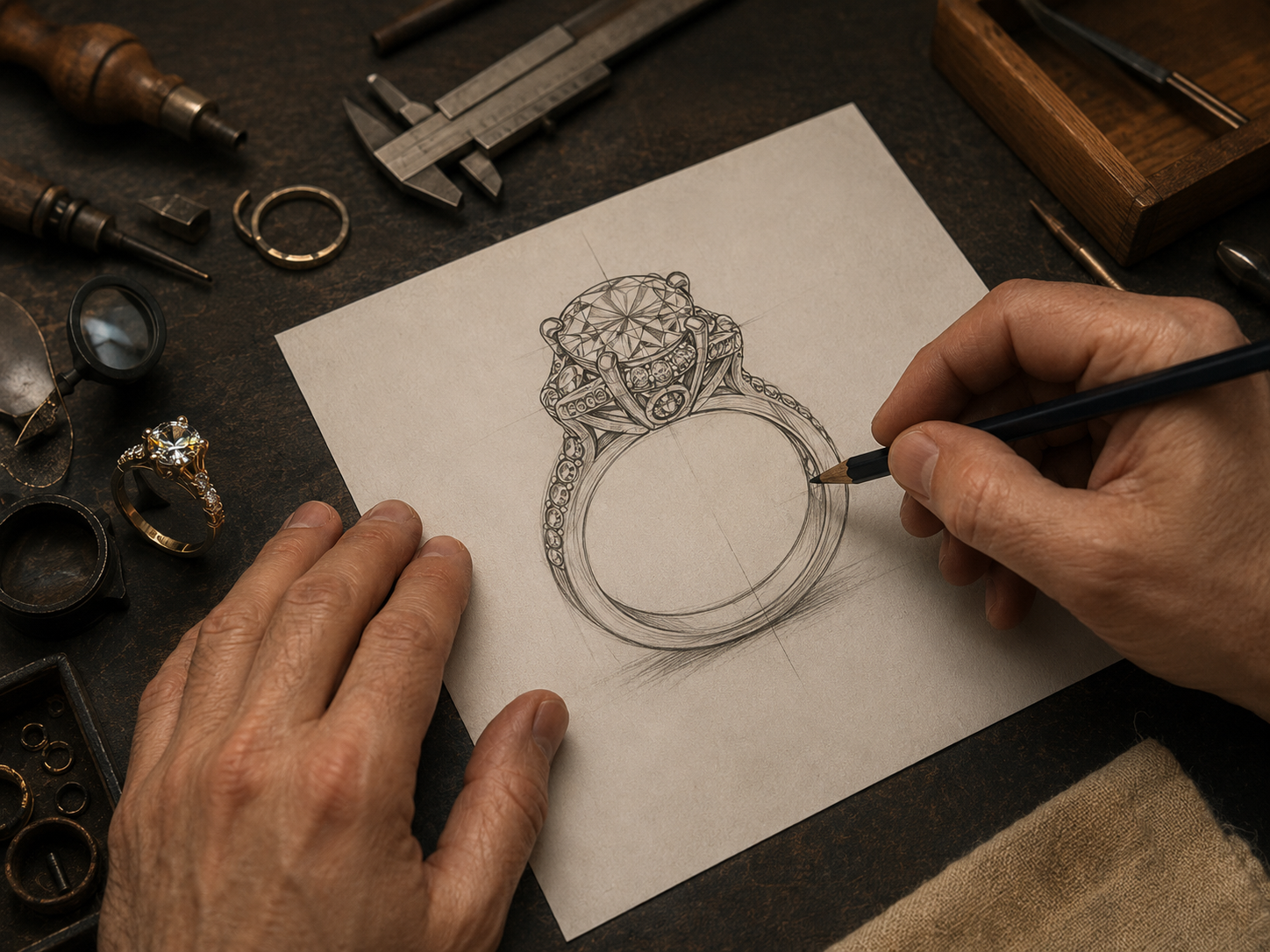 Custom moissanite jewelry design sketch at factory direct prices