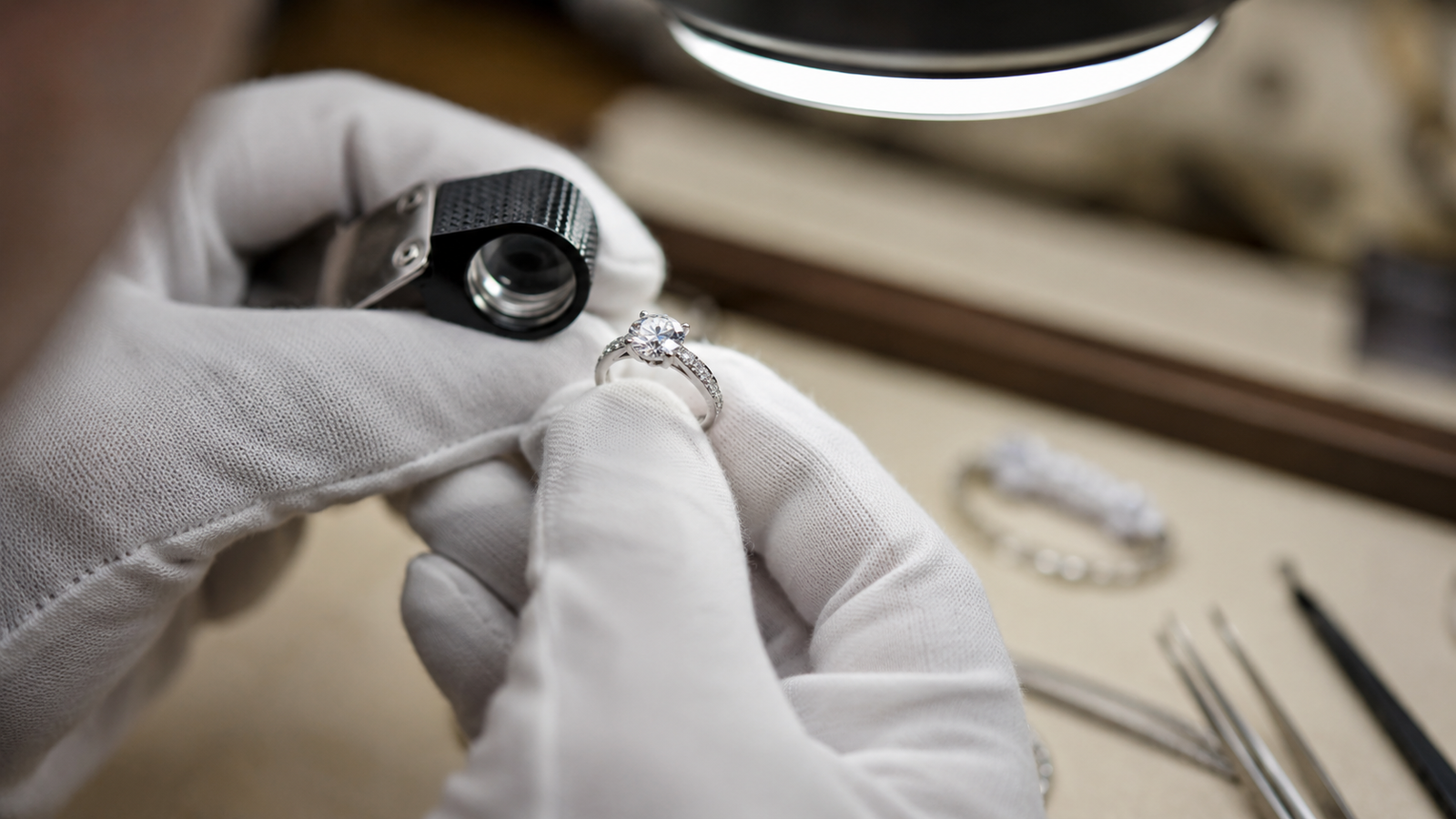 Close-up jewelry inspection with loupe before shipping