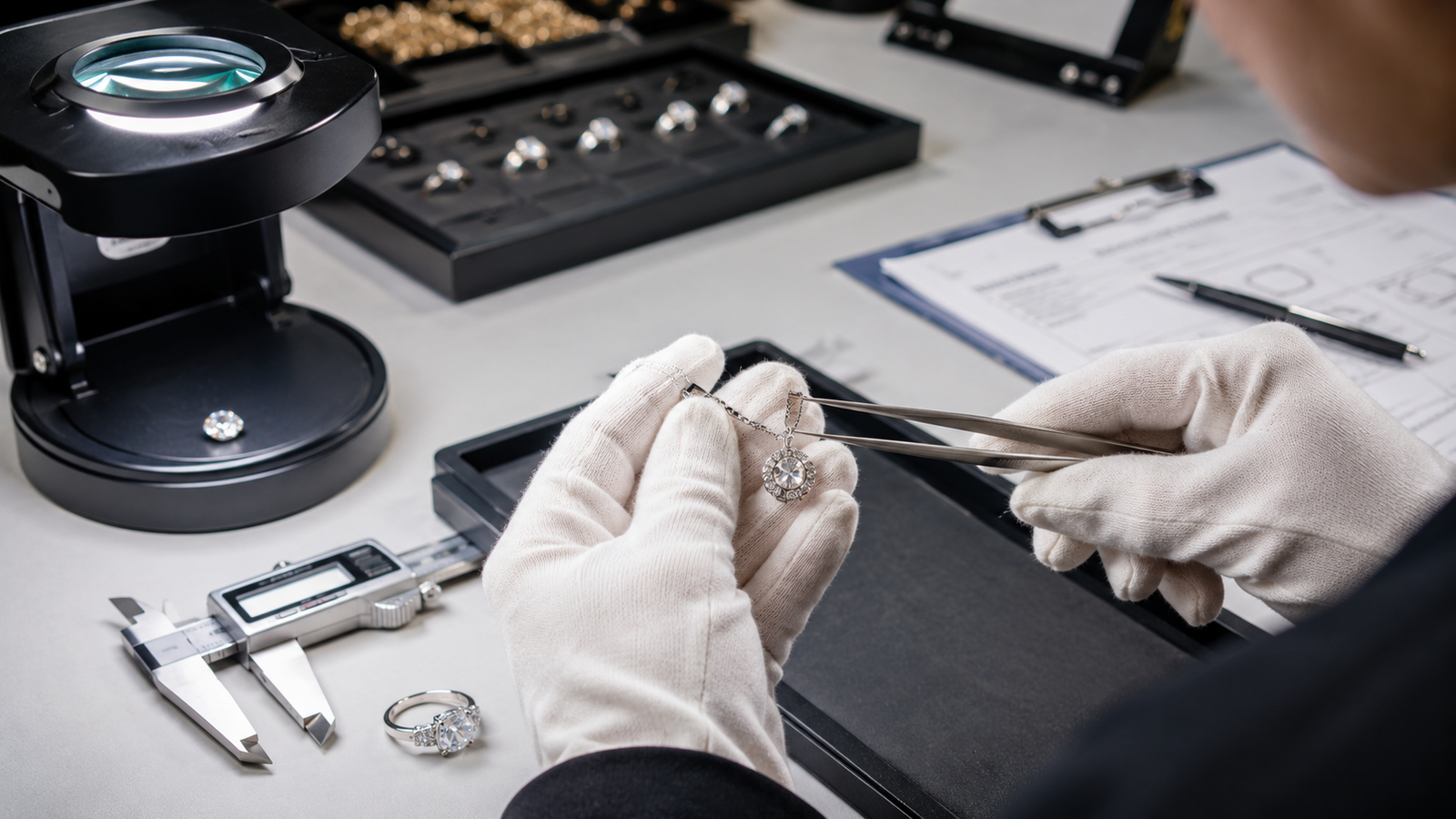 Jewelry inspection worktable with tools checklist and necklace