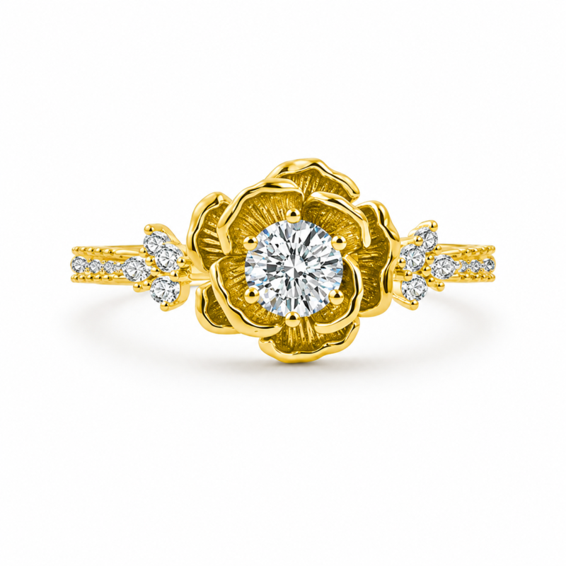 Gold-Tone Floral Moissanite Solitaire Ring