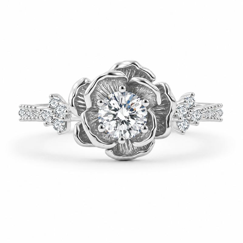 Silver-Tone Floral Moissanite Solitaire Ring