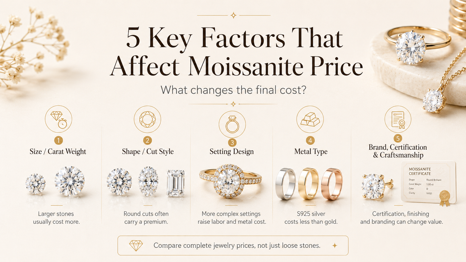 Five factors affecting moissanite price including size shape setting metal certification and craftsmanship