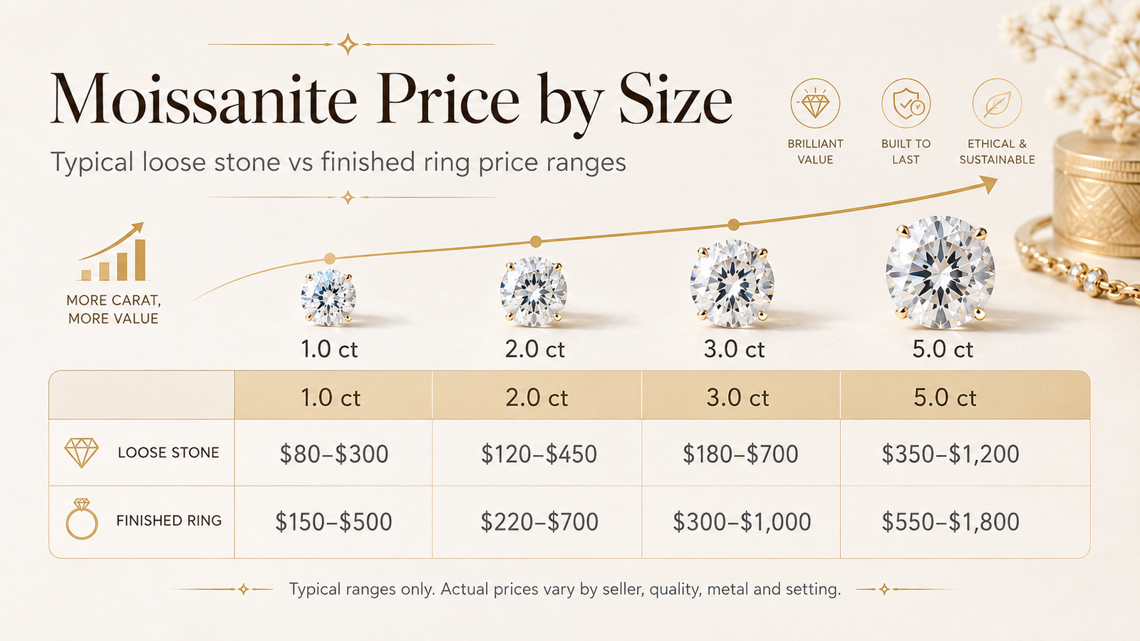 Moissanite price by size comparing loose stones and finished rings from one to five carat equivalent