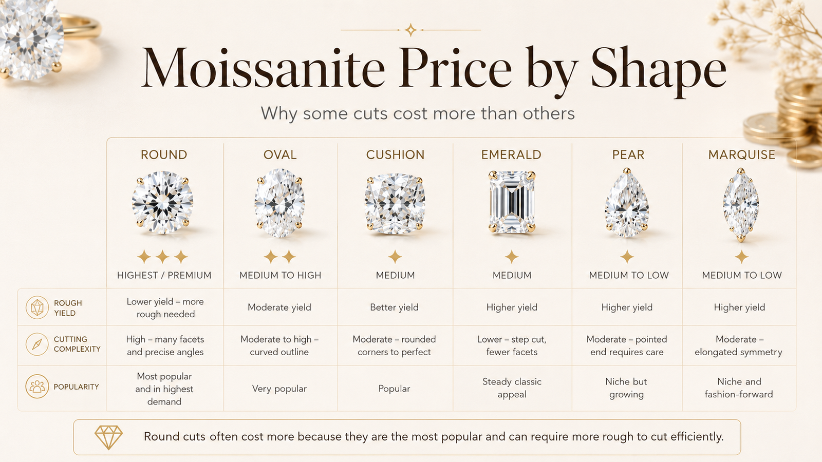 Moissanite price comparison by round oval cushion emerald pear and marquise shapes