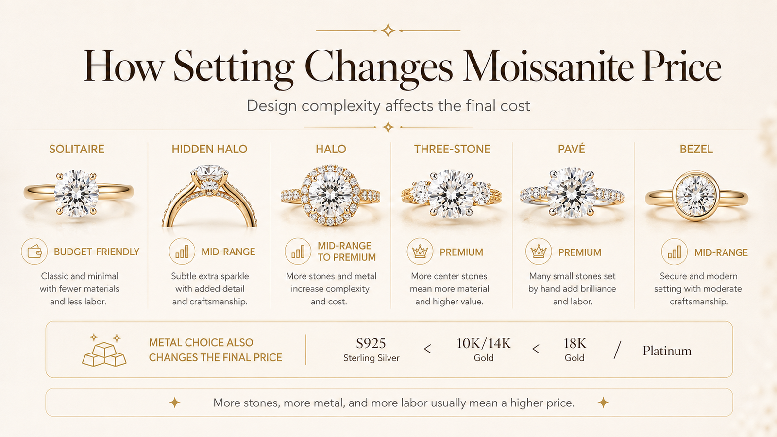 How solitaire hidden halo halo three stone pave and bezel settings affect moissanite ring price