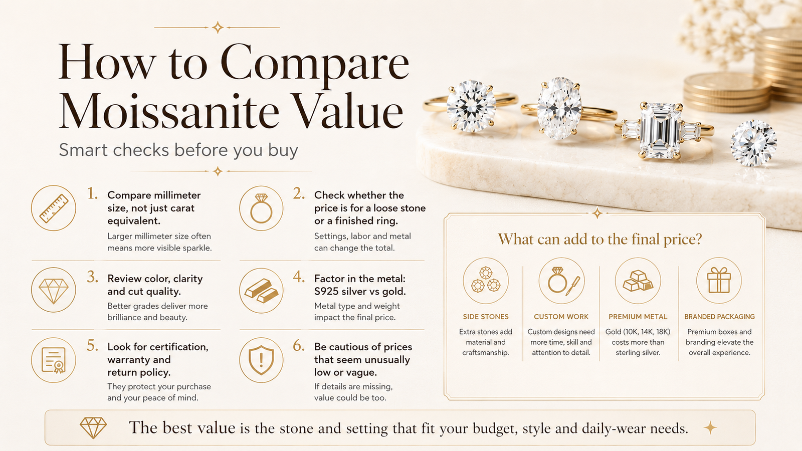 Checklist for comparing moissanite value including size setting quality metal certification and return policy