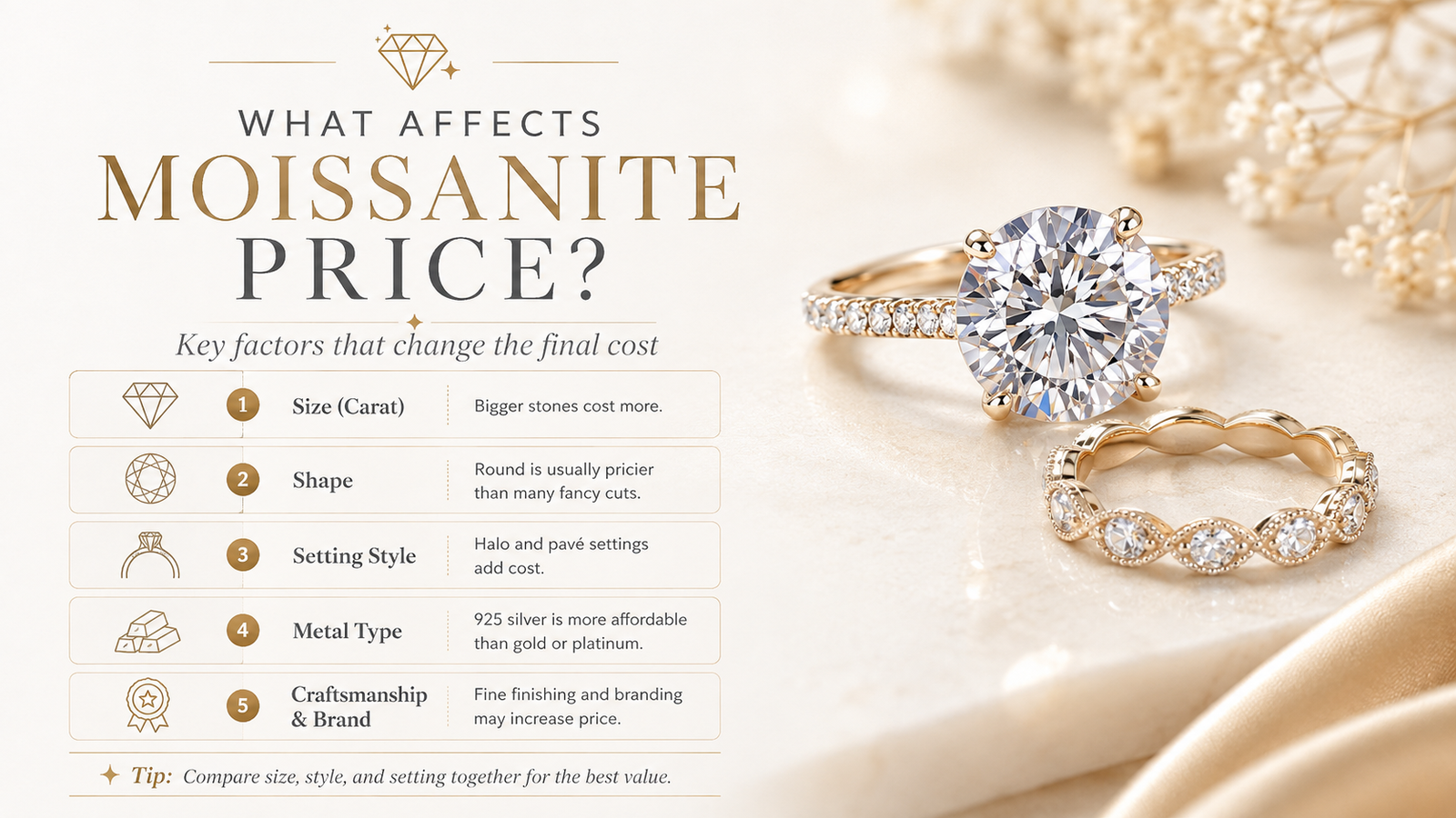 Factors that affect moissanite price including size shape setting metal and craftsmanship