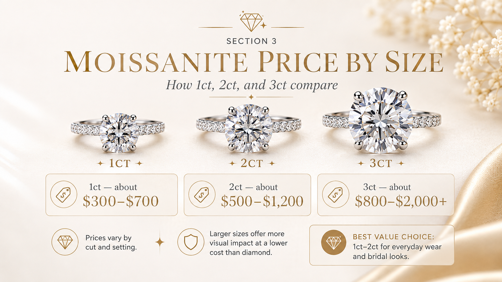 1 carat vs 2 carat vs 3 carat moissanite price and visual size comparison