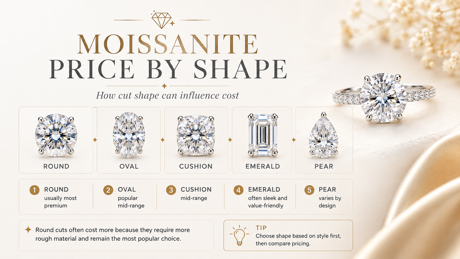 Moissanite price by shape round oval cushion emerald and pear