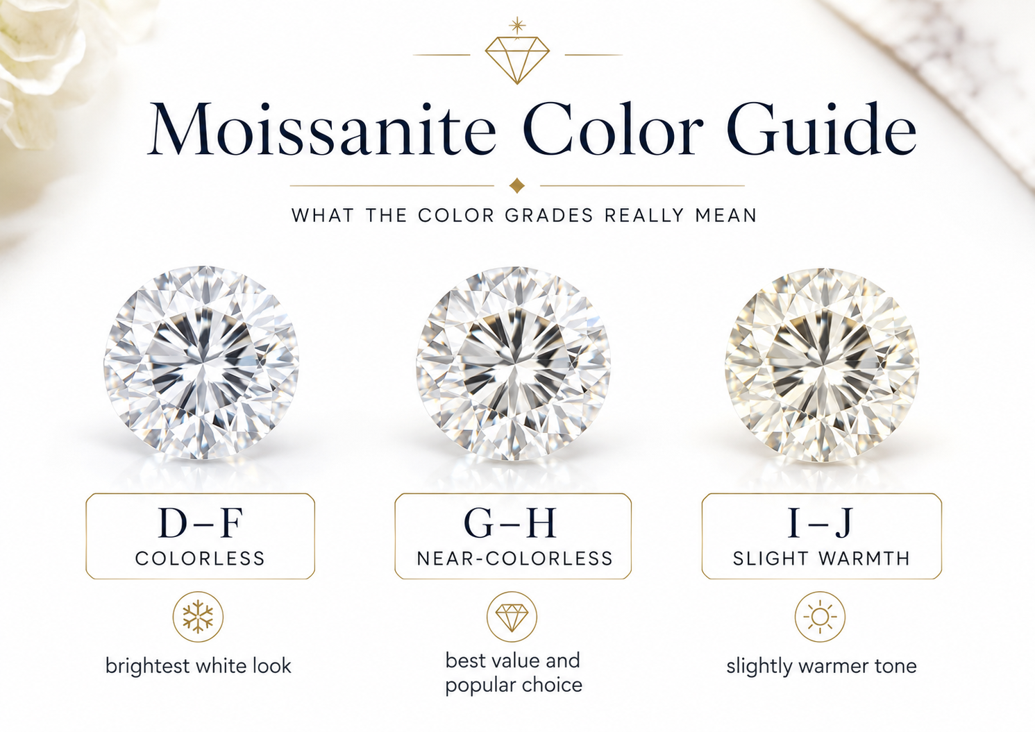 Moissanite color guide comparing D-F colorless G-H near colorless and warmer moissanite stones