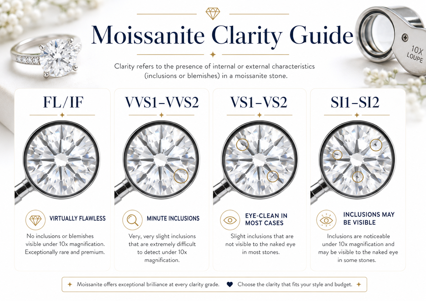Moissanite clarity guide showing FL IF VVS VS and SI terminology under magnification