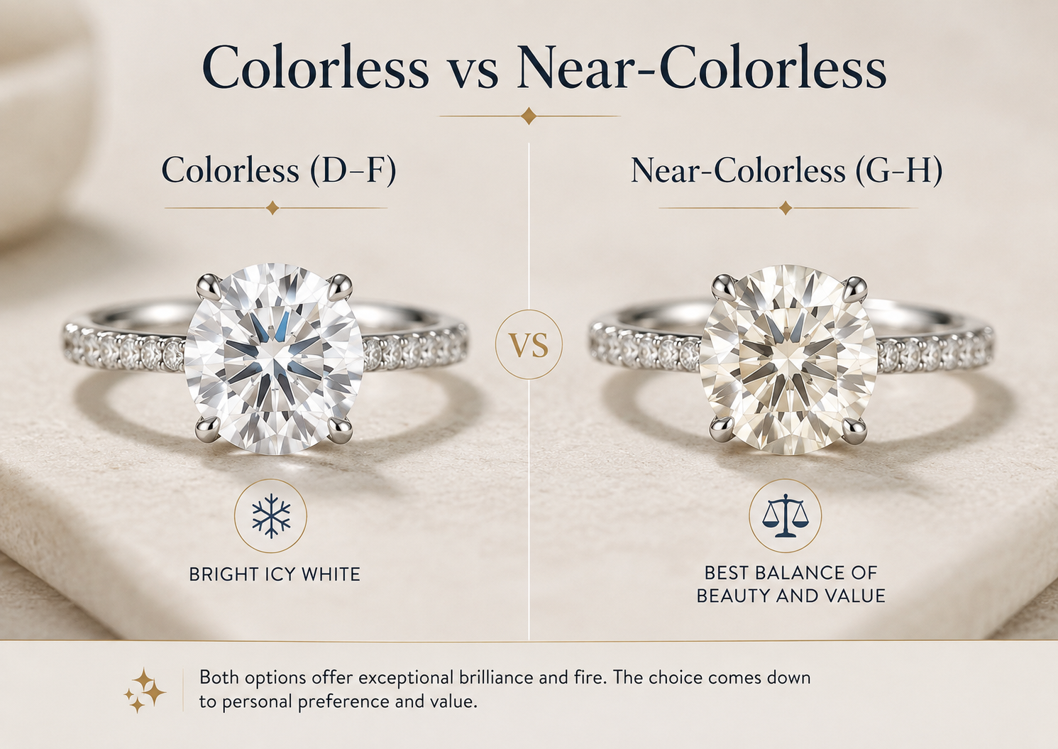 Colorless versus near colorless moissanite comparison in ring settings