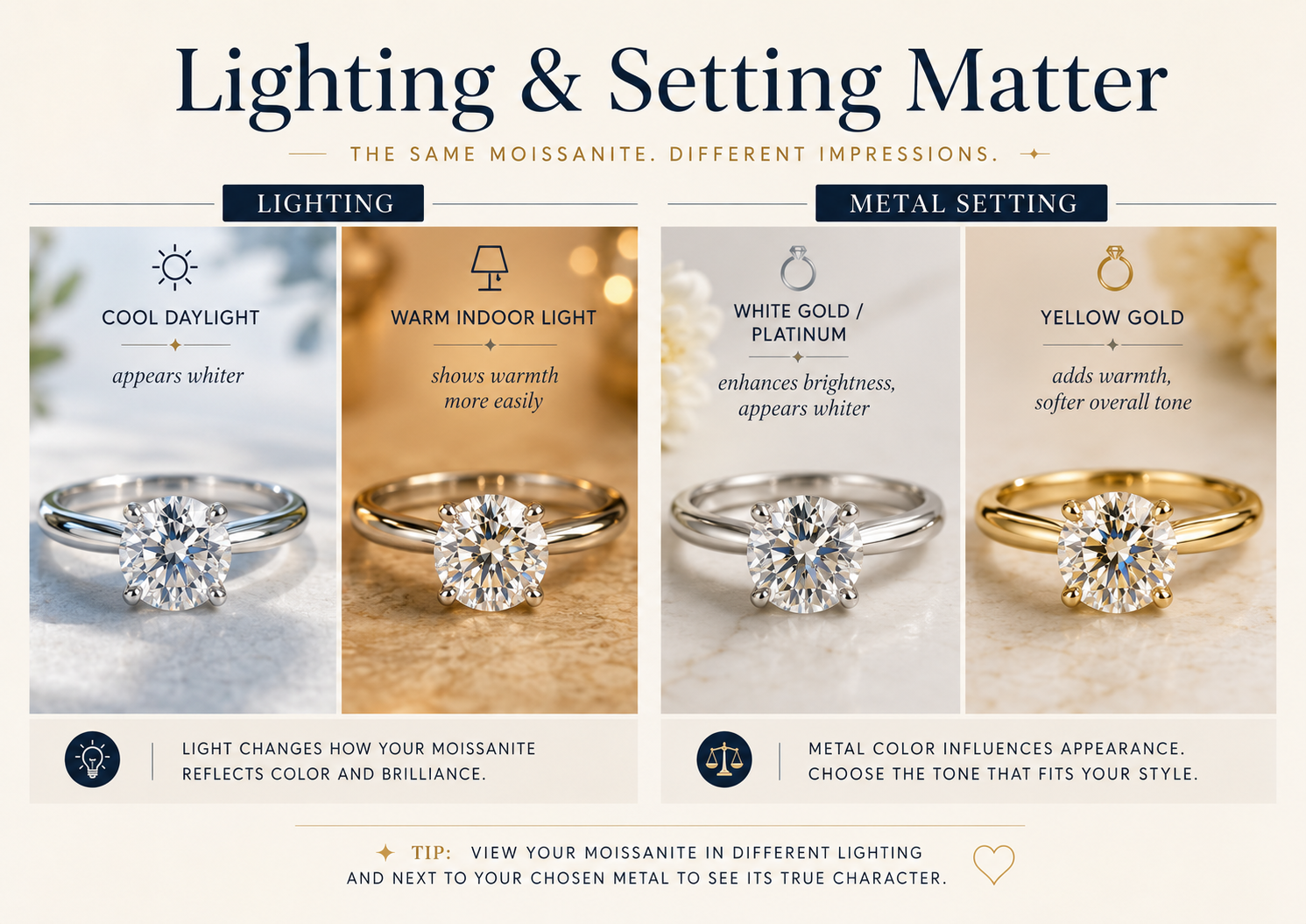How lighting and ring metal affect the appearance of moissanite color