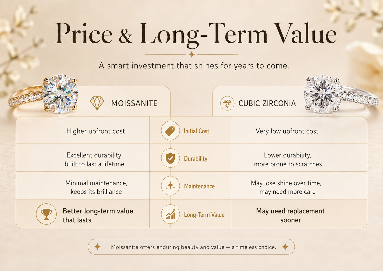 Moissanite vs cubic zirconia price durability maintenance and long term value comparison