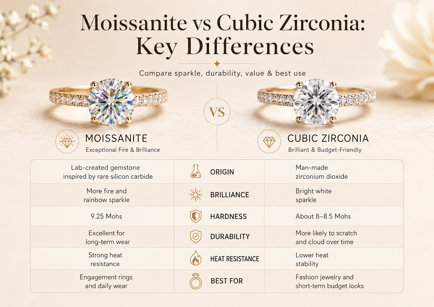 Moissanite vs cubic zirconia key differences including brilliance hardness durability and best use