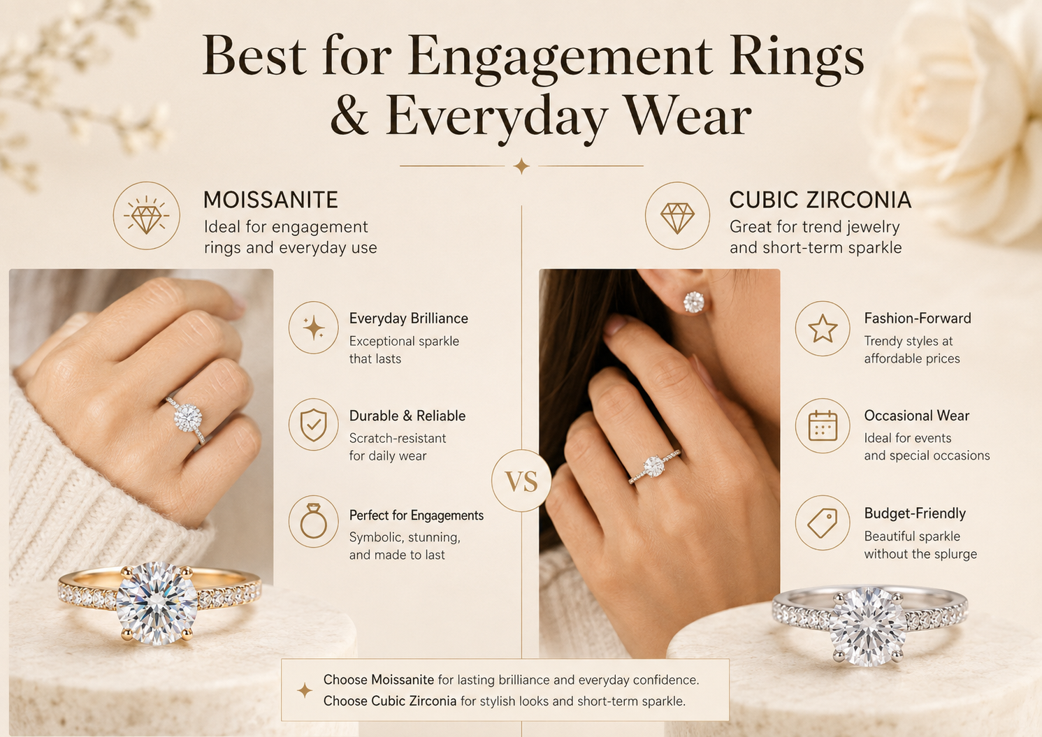 Moissanite versus cubic zirconia for engagement rings and everyday jewelry