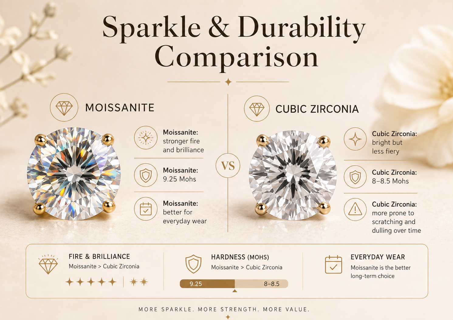 Moissanite versus cubic zirconia sparkle fire and durability comparison