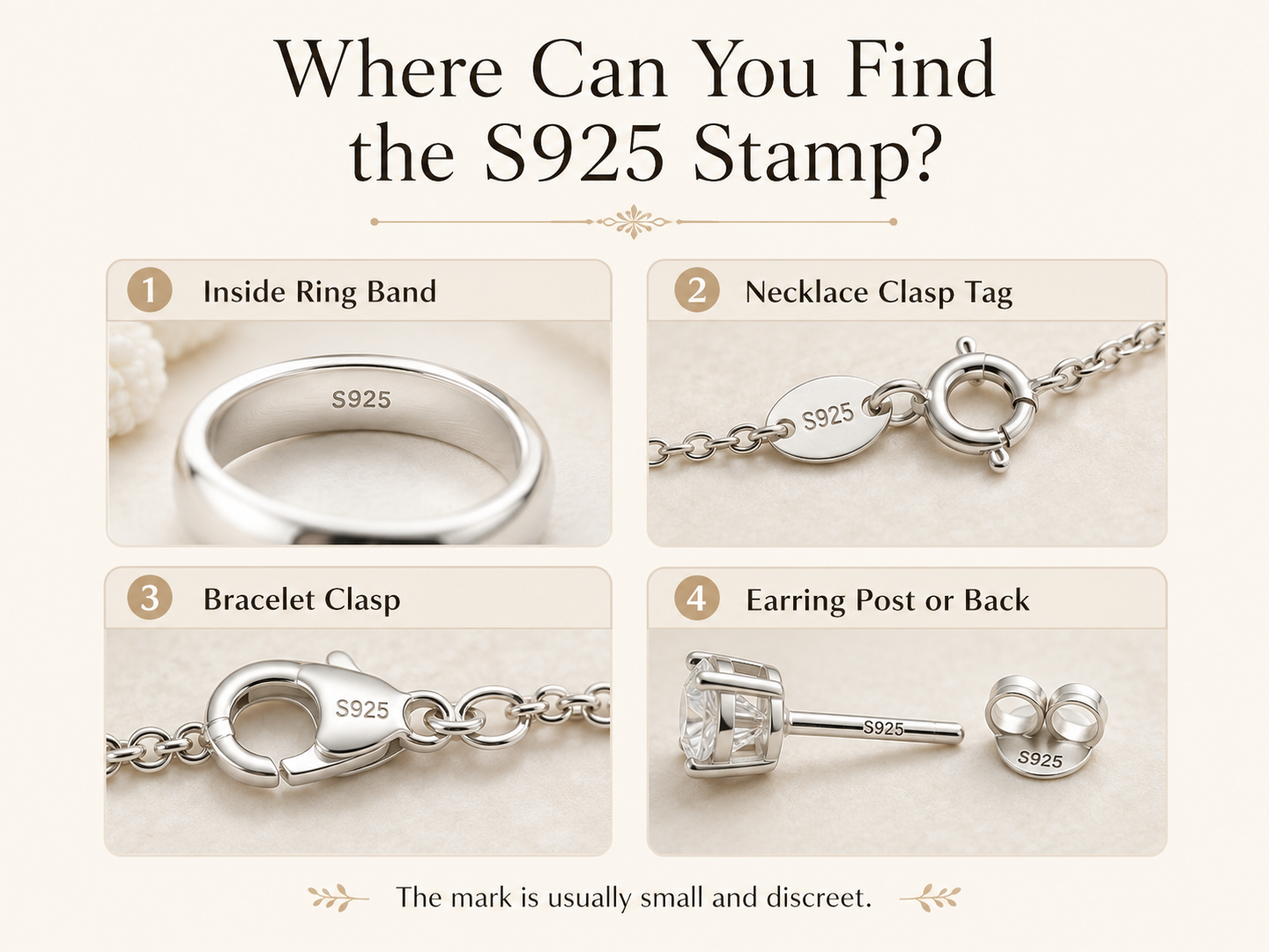 Where to find S925 stamp on rings necklaces bracelets and earrings