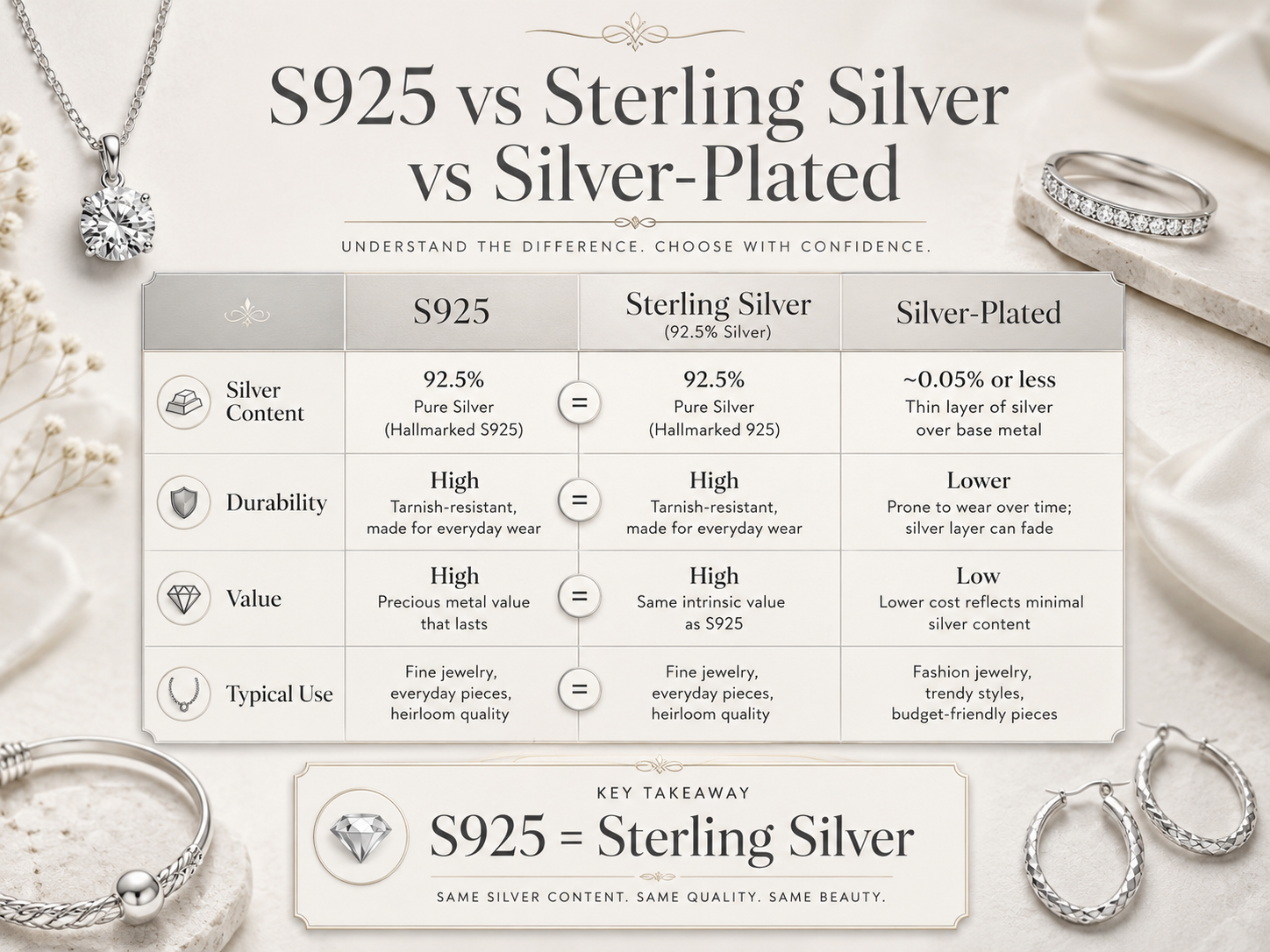 S925 versus sterling silver versus silver plated jewelry comparison