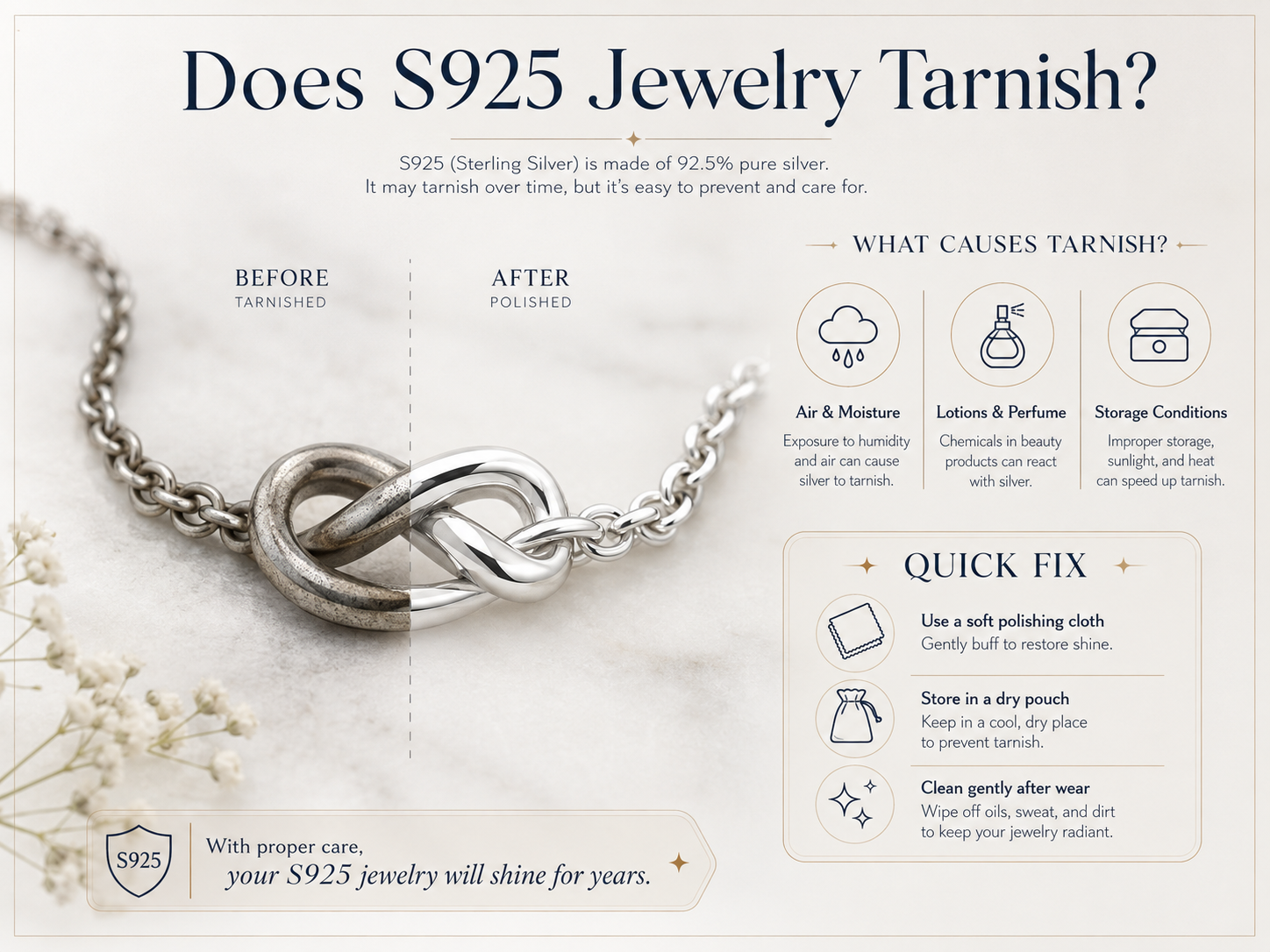 Does S925 sterling silver jewelry tarnish and how to clean it