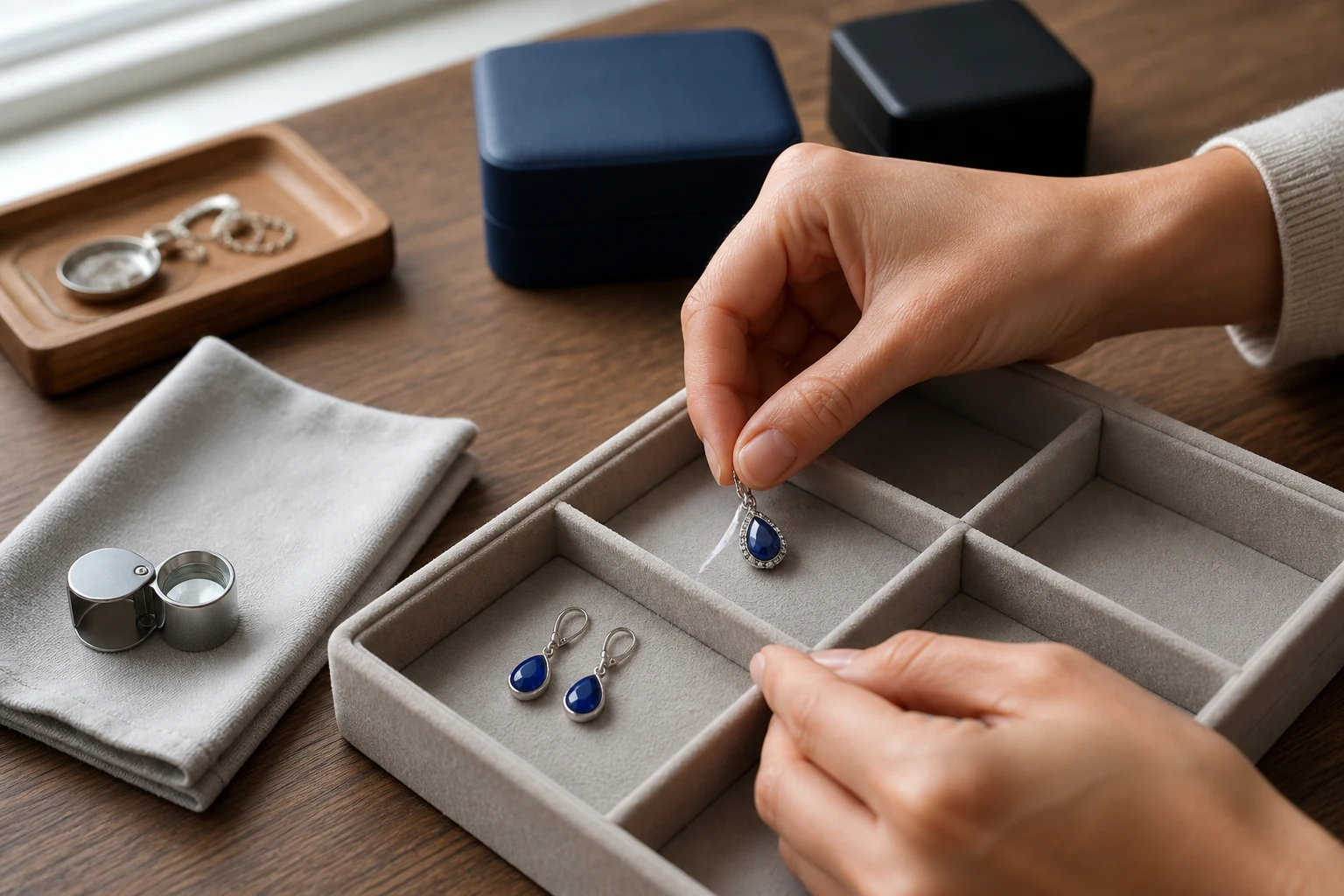 Hands placing blue jewelry into separate padded storage compartments