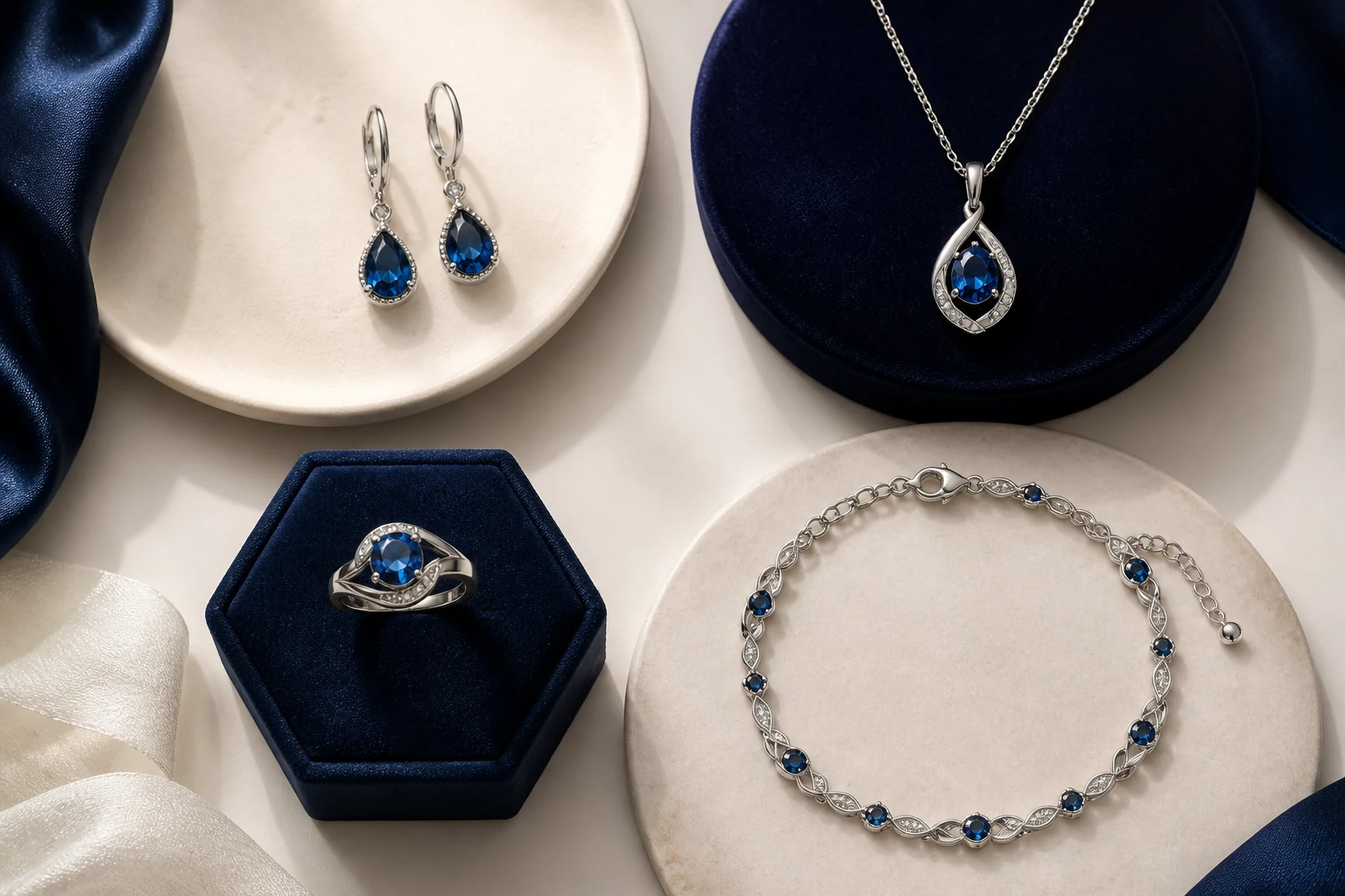 Blue earrings, pendant necklace, fashion ring, and bracelet arranged by jewelry type