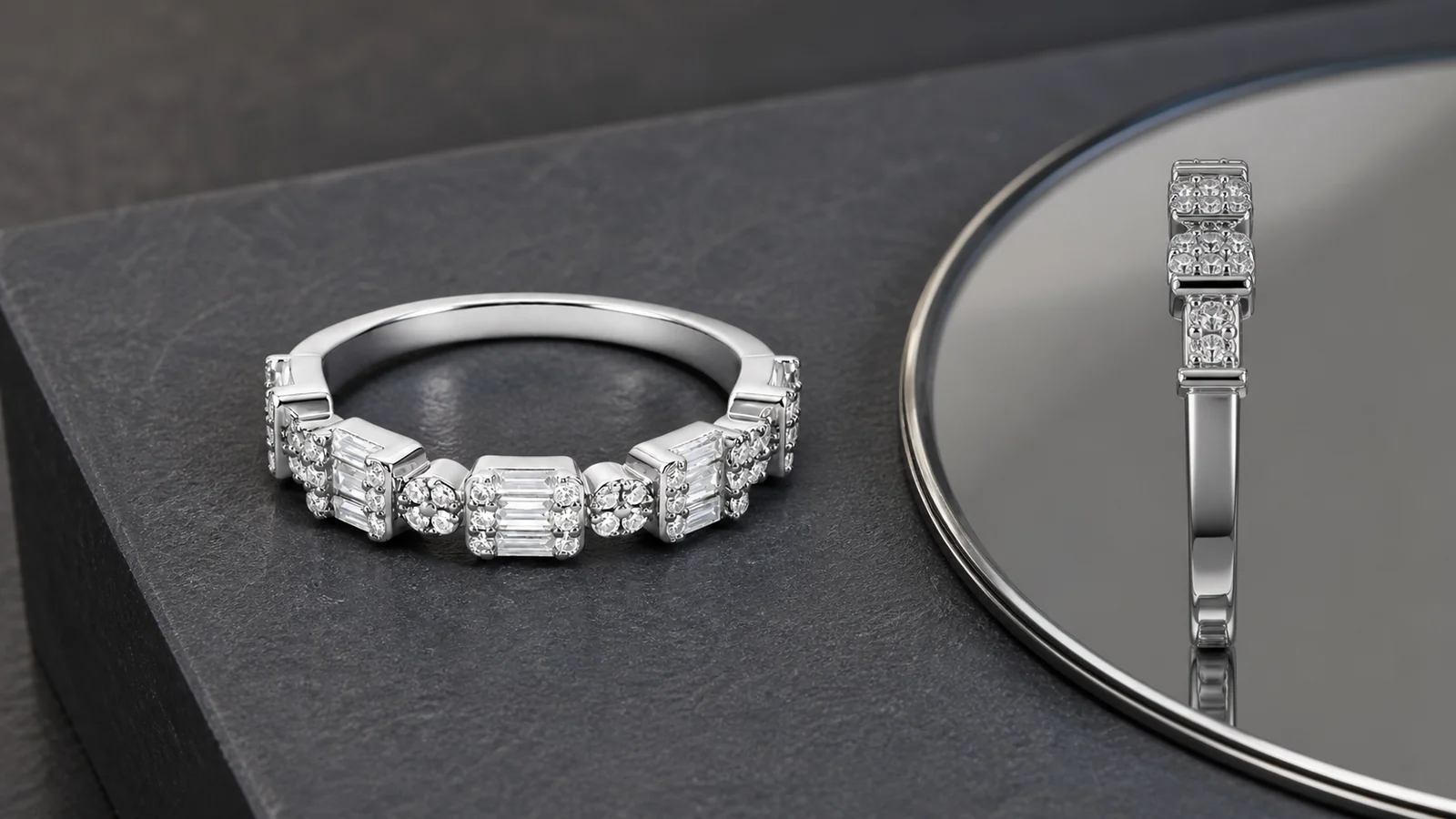 Channel-set baguette stackable moissanite ring shown for profile evaluation